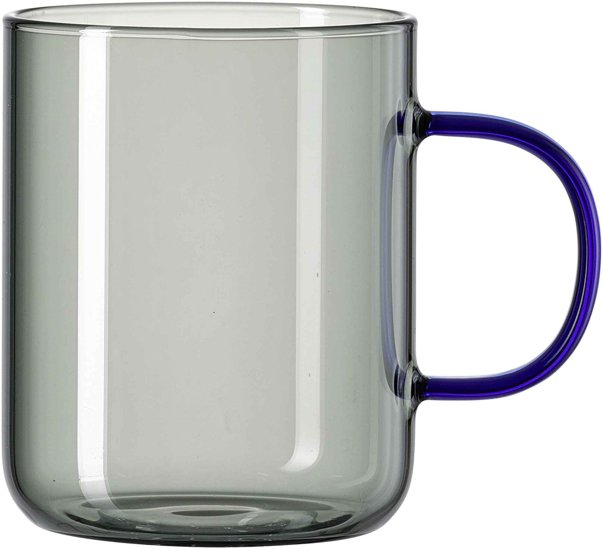 Transparente Glas Tasse mit blauem Henkel