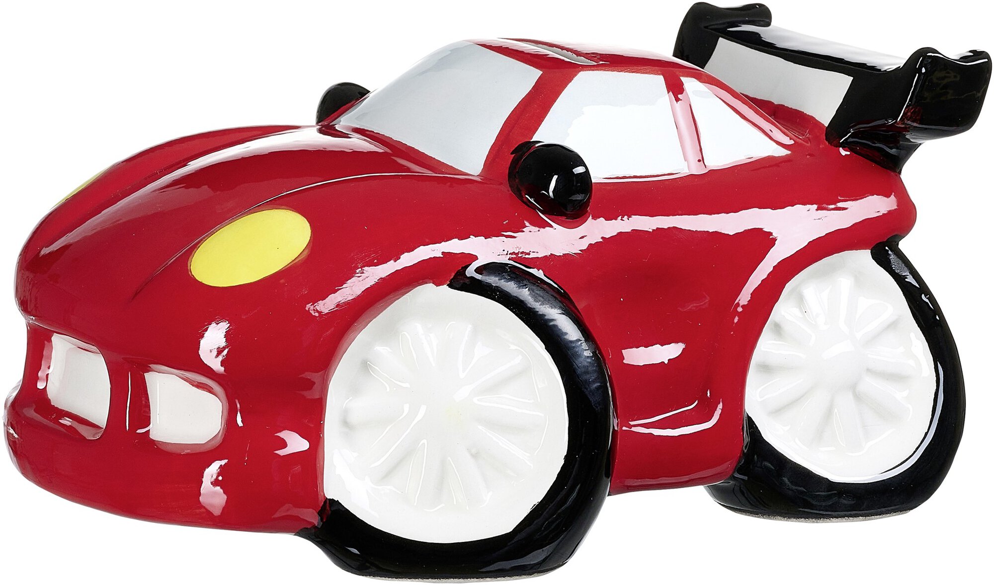 Rotes Sparschwein in Form eines Autos aus Keramik mit großem