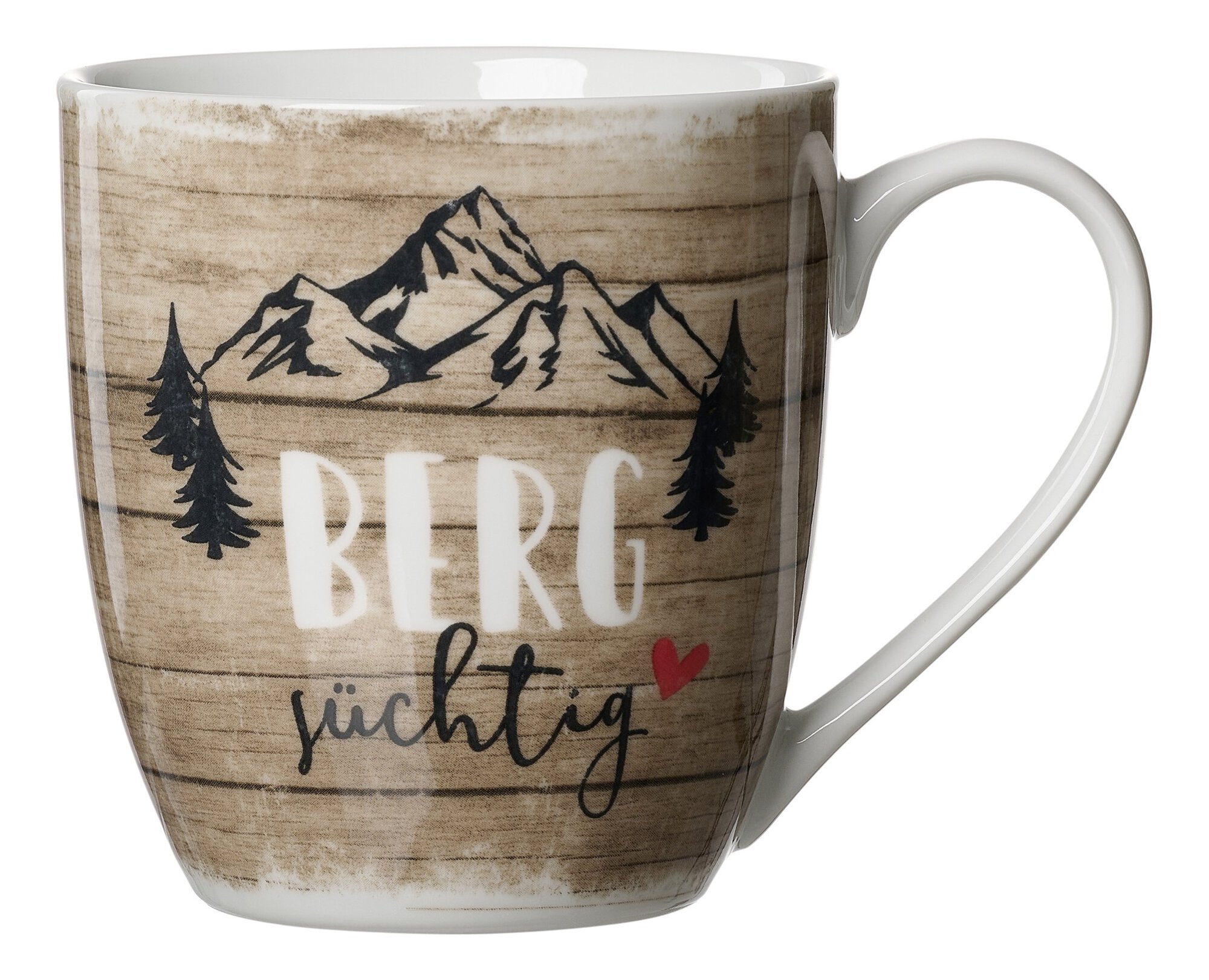 Kaffeetasse mit Bergen, Bäumen und dem Schriftzug Bergsüchti