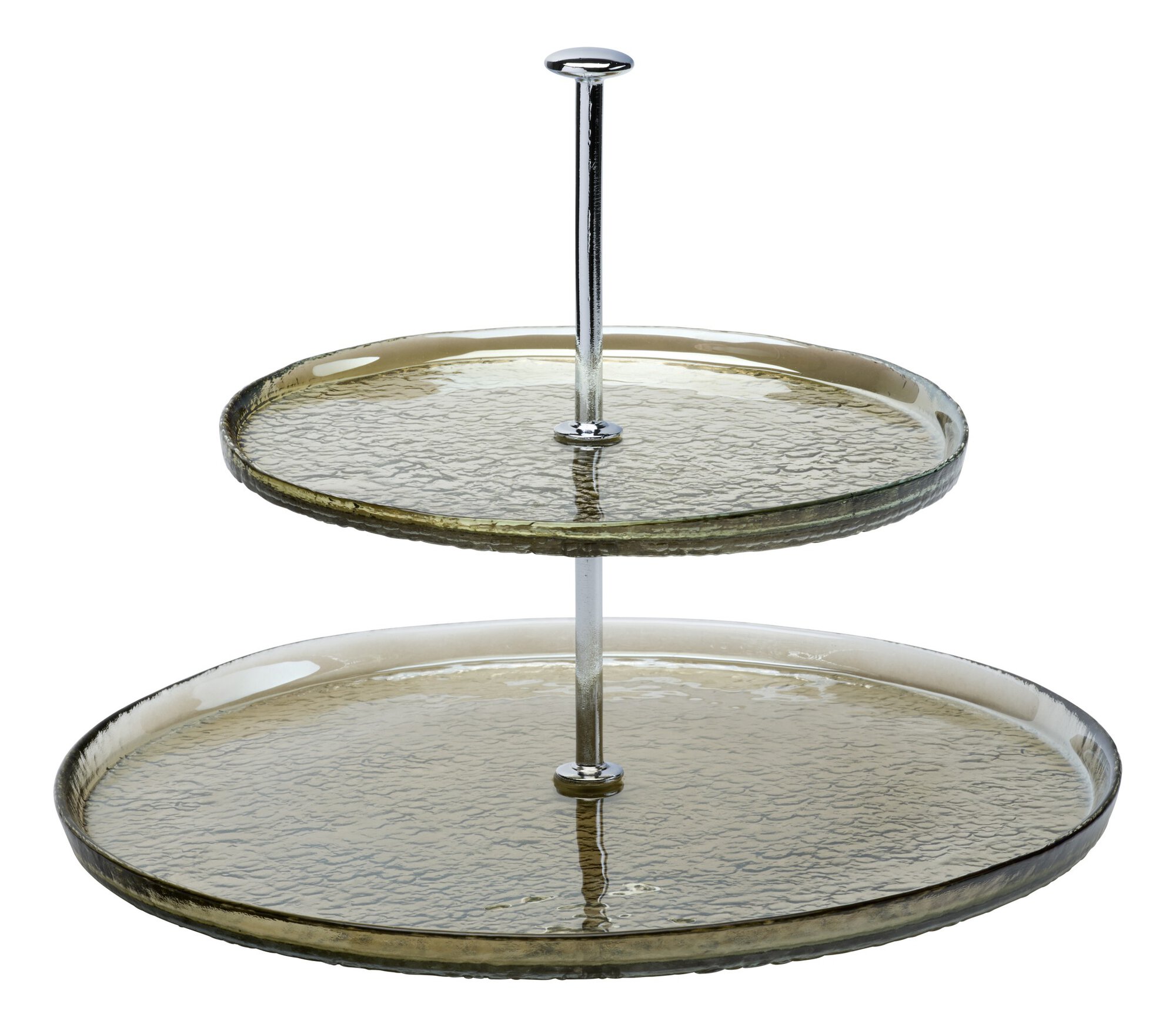 Zweistöckige Etagere aus grünlich getöntem Glas und Metallgr