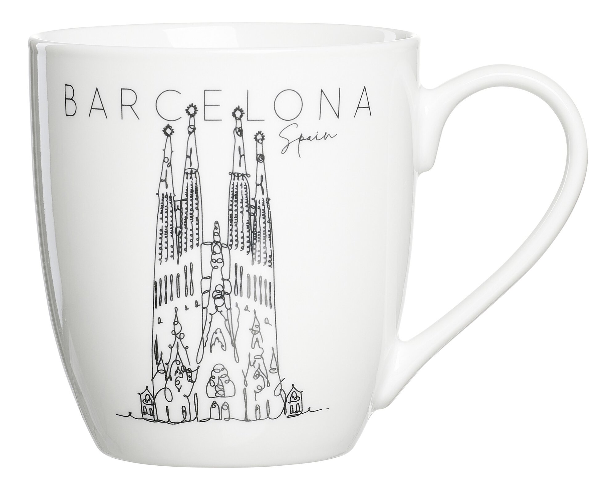 Weiße Kaffeetasse mit gezeichnetem Sagrada Familia Motiv