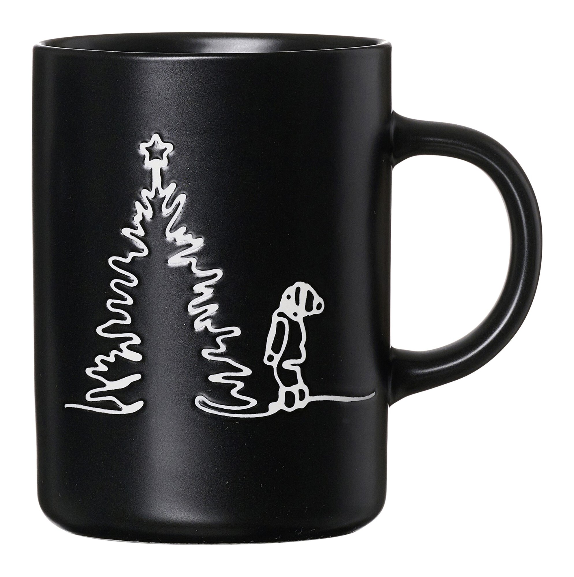 Schwarze Tasse mit skizziertem Weihnachtsbaum und Hundemotiv