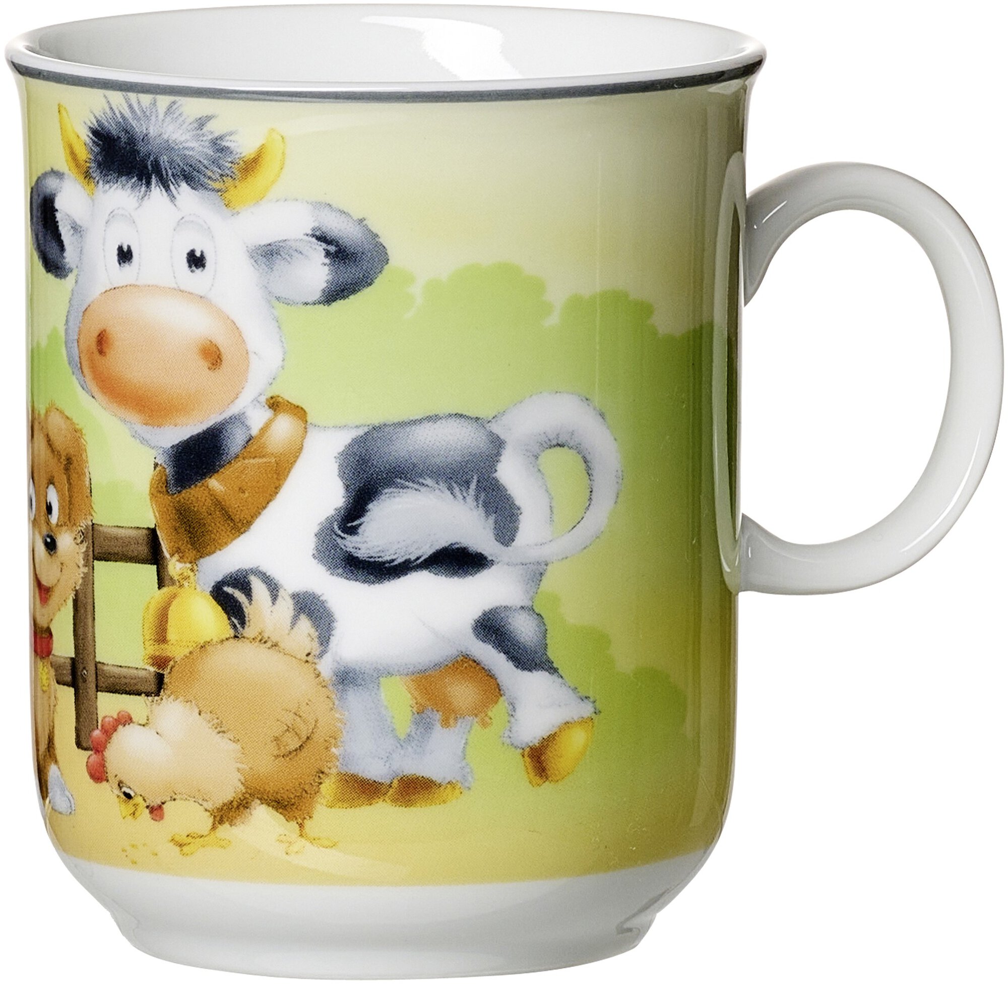 Kindertasse mit buntem Bauernhof Motiv Kuh und Huhn