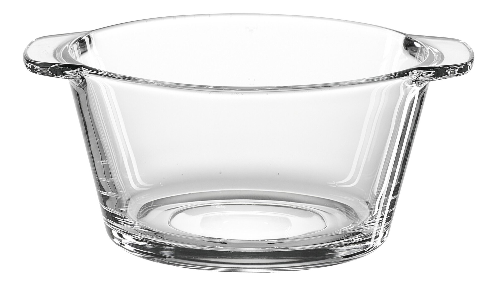 Transparente Glasschale mit Henkel auf weißem Hintergrund