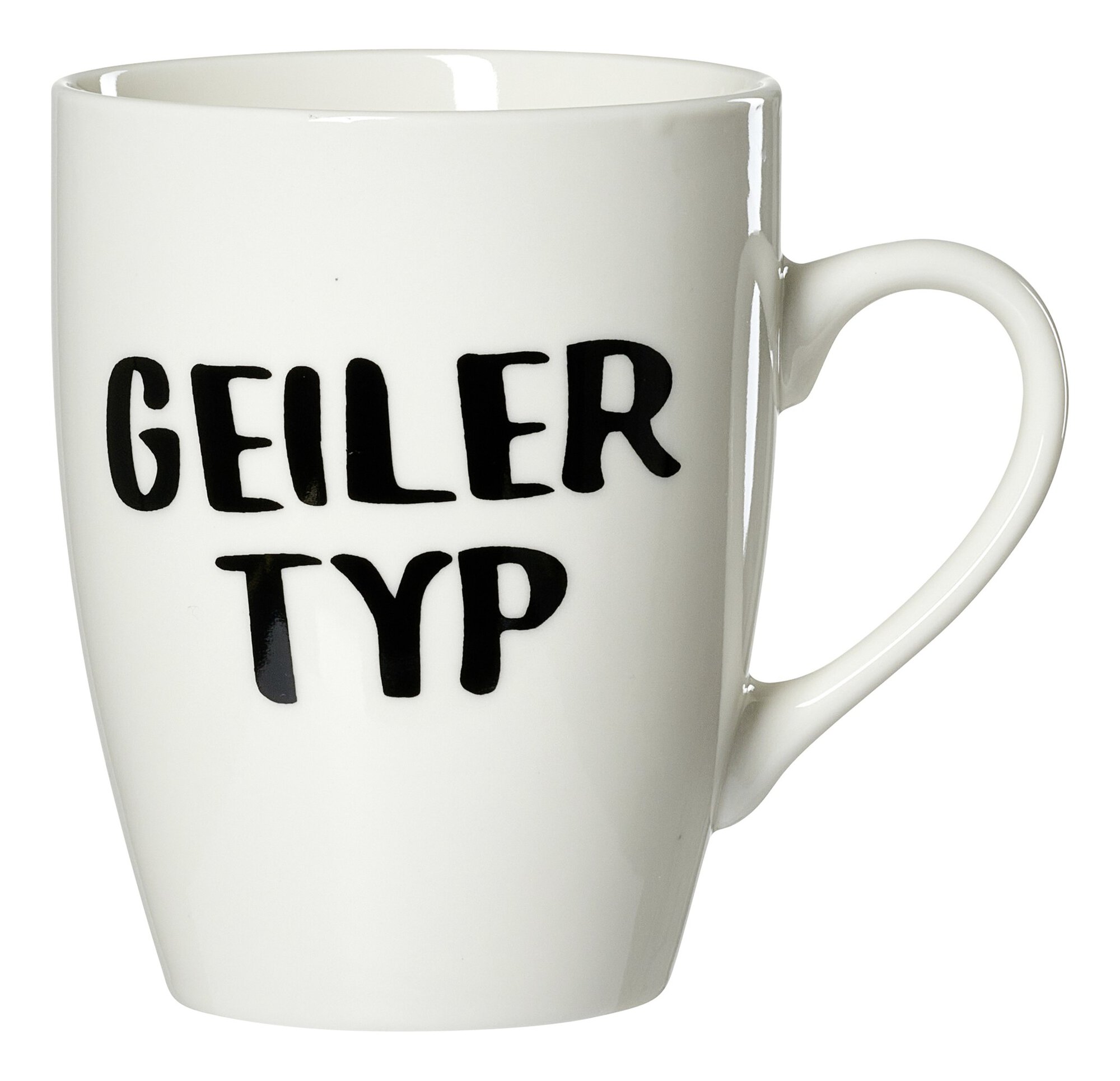 Weiße Kaffeetasse mit Aufschrift Geiler Typ