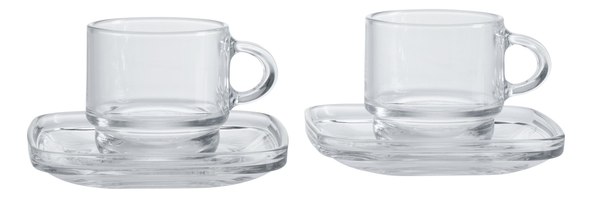 Zwei klare Glas-Tassen mit passenden Untertassen