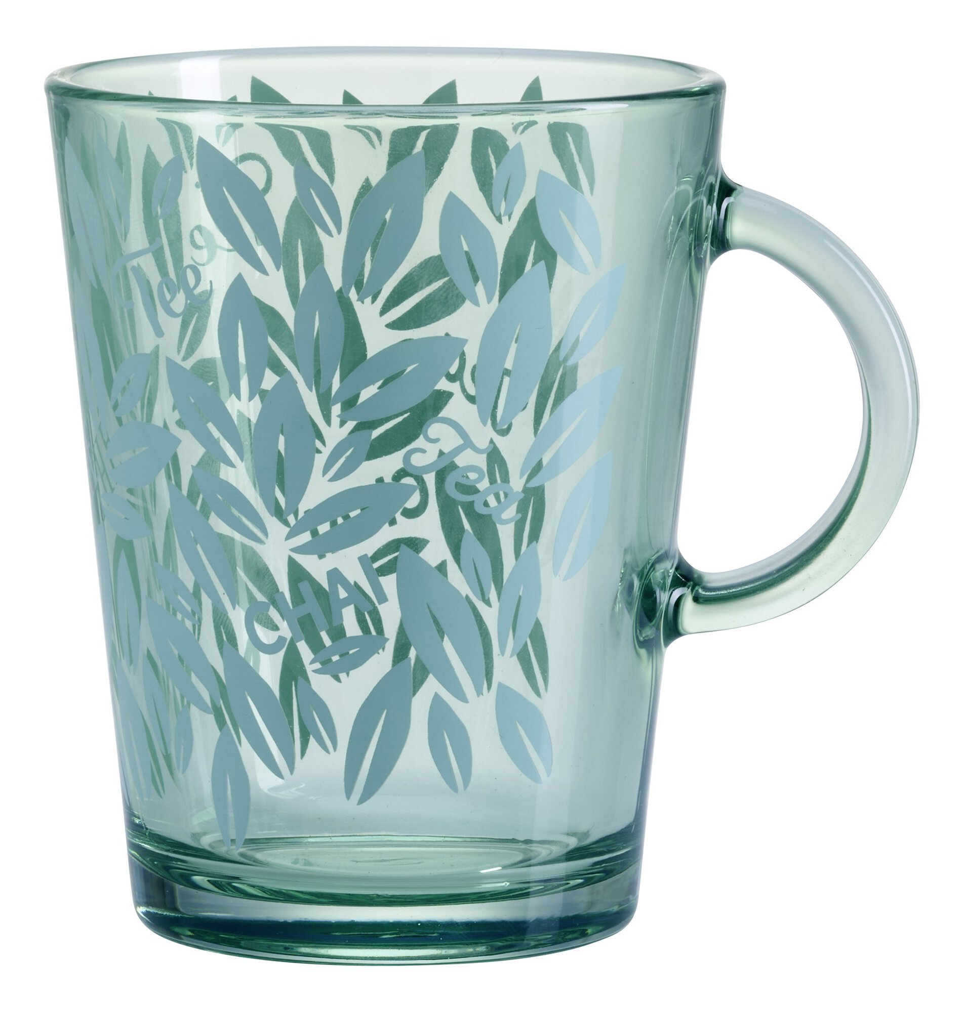 Transparenter grüner Glasbecher mit Blätterdruck und Teeschr