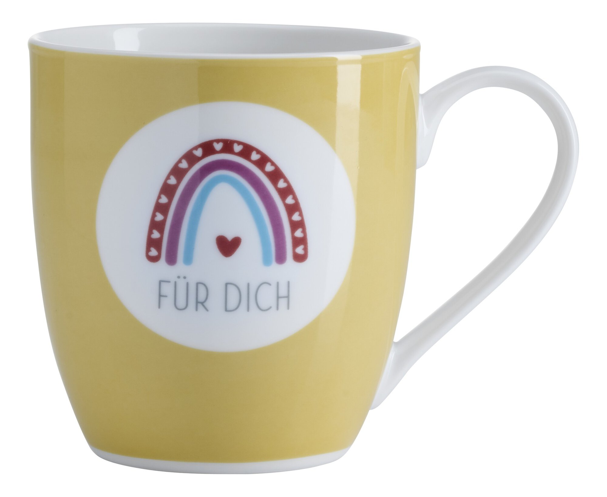 Gelbe Tasse mit Regenbogen und Text Für Dich