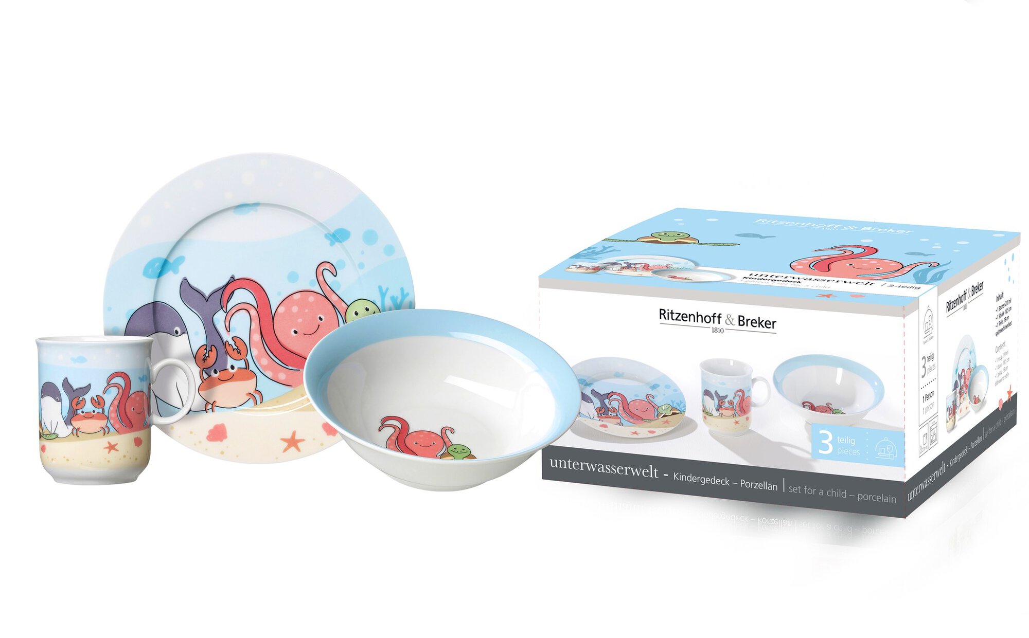 3-teiliges Kindergeschirr Set mit Unterwasserwelt-Motiv aus