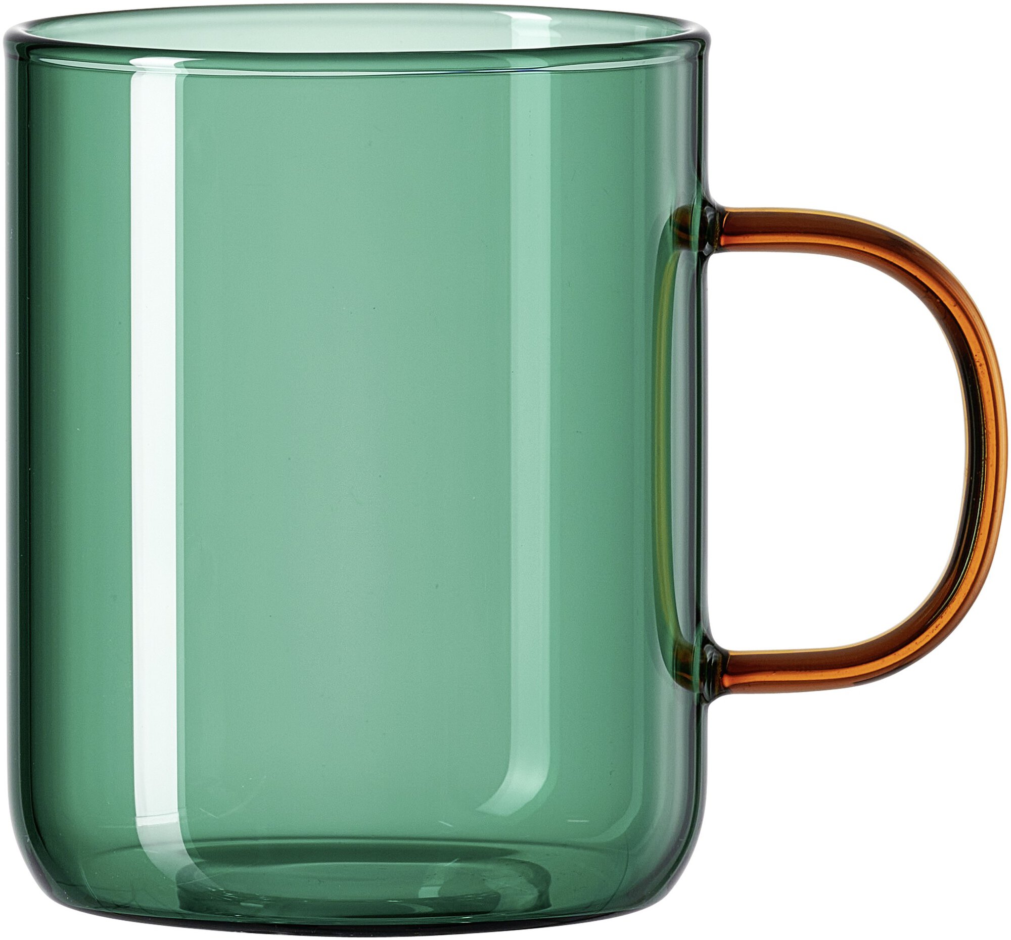Grüner Glasbecher mit braunem Griff auf weißem Hintergrund