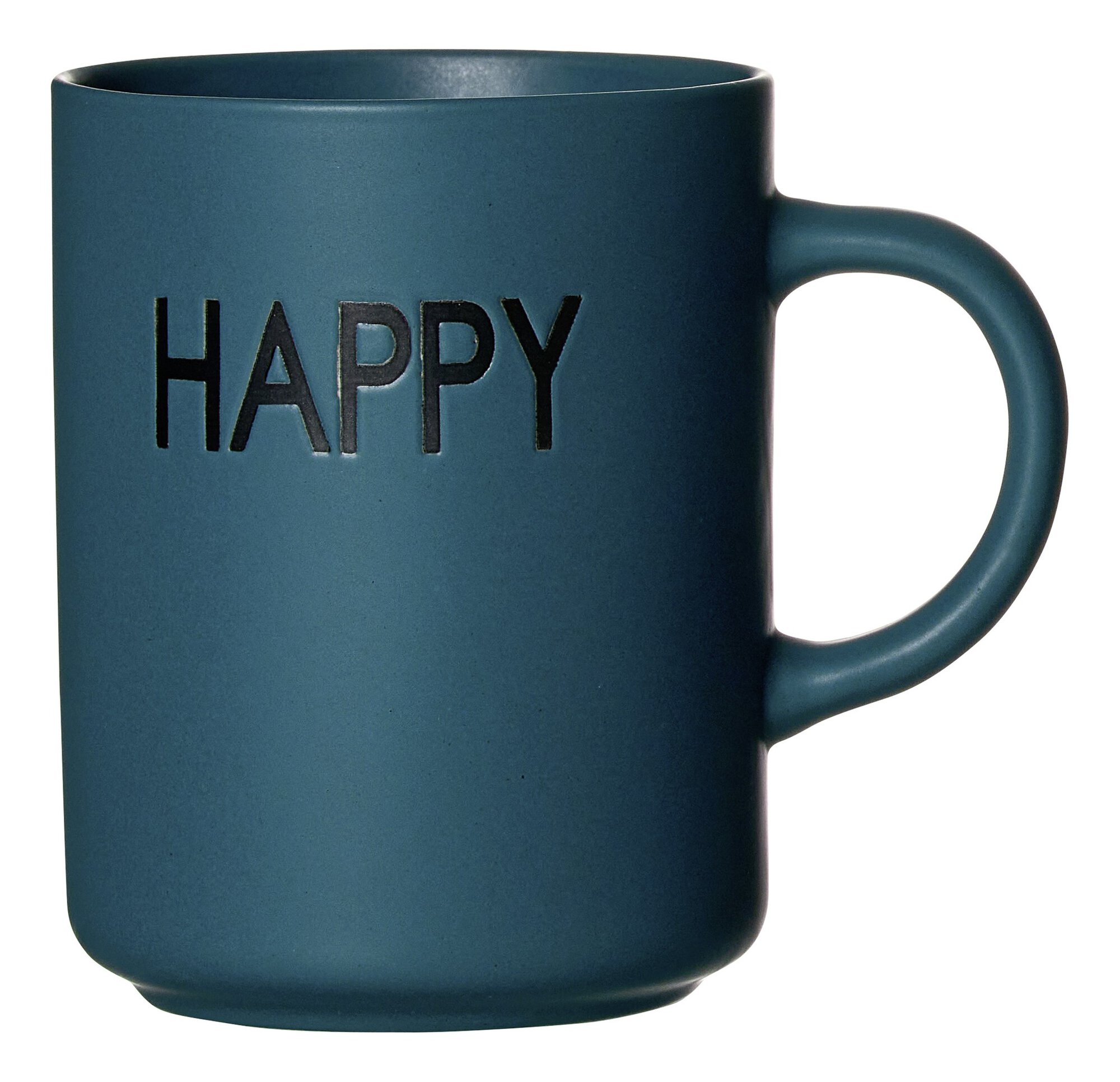 Blaue Kaffeetasse mit Happy-Schriftzug