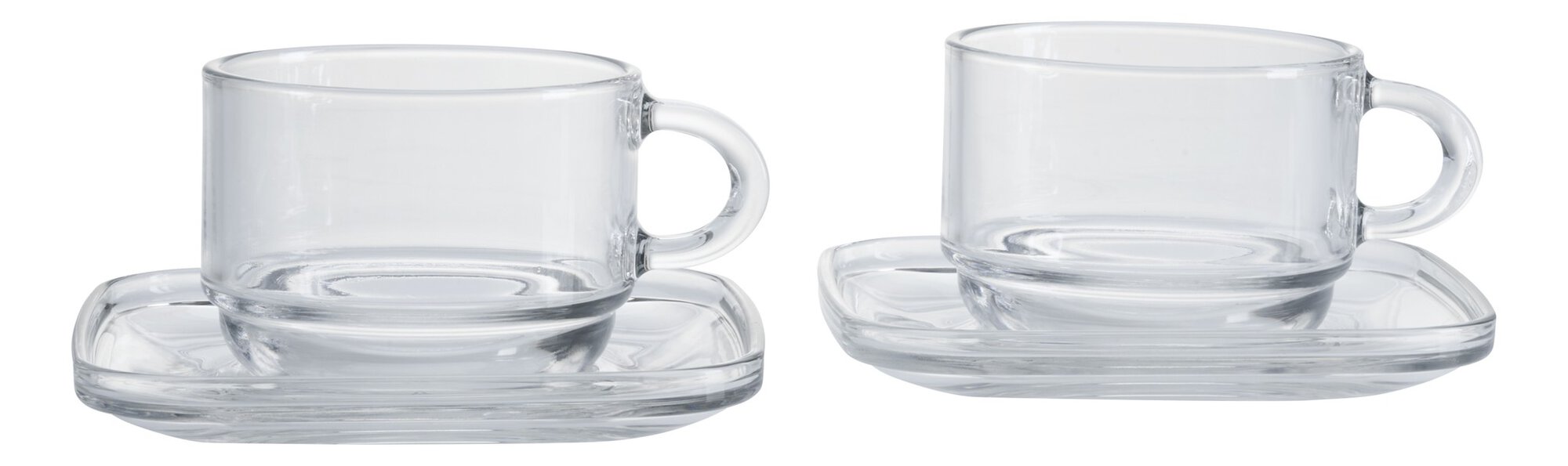 Zwei durchsichtige Glastassen mit quadratischen Glastellern