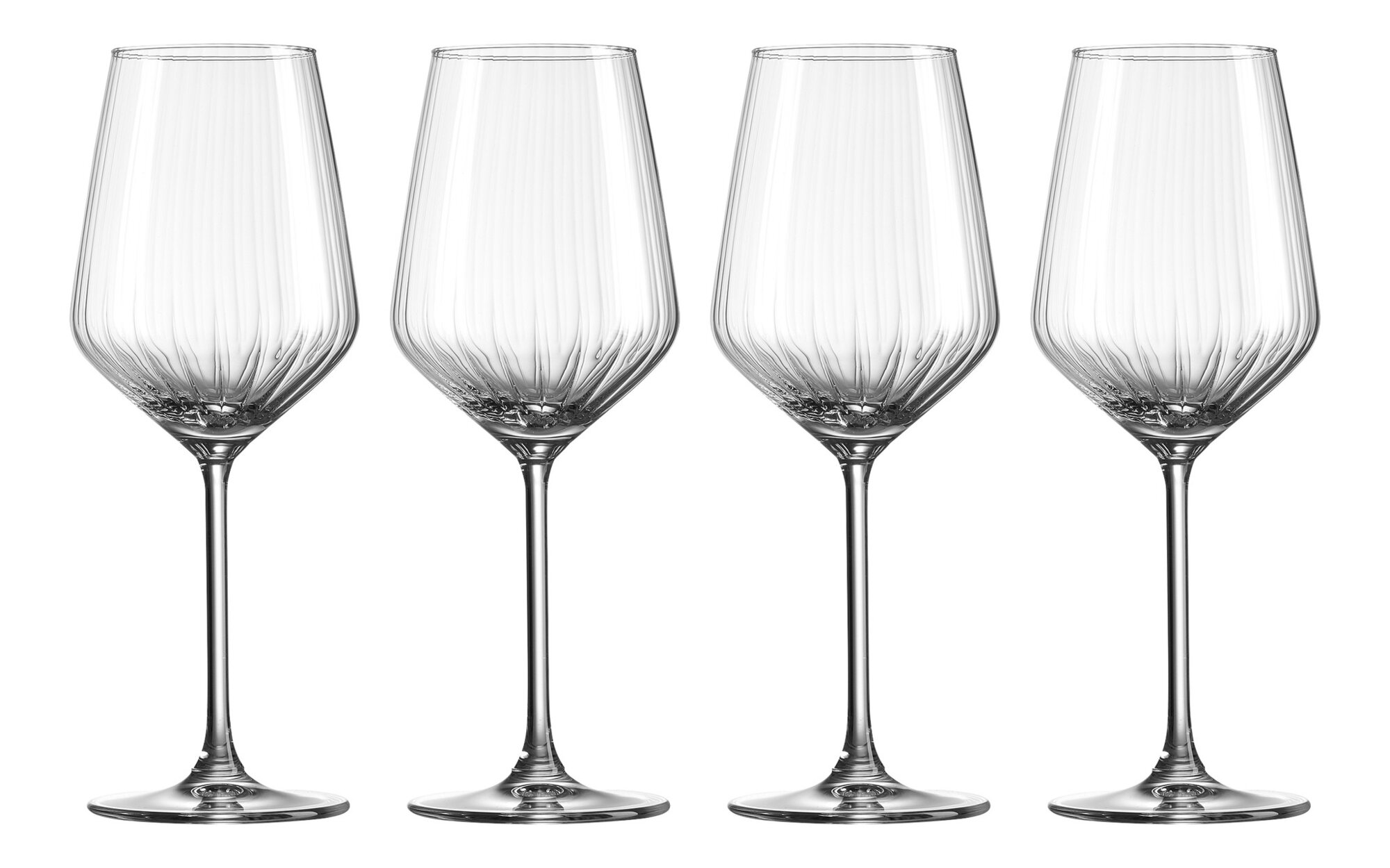 Vier elegante Weingläser mit vertikalem Rillenmuster