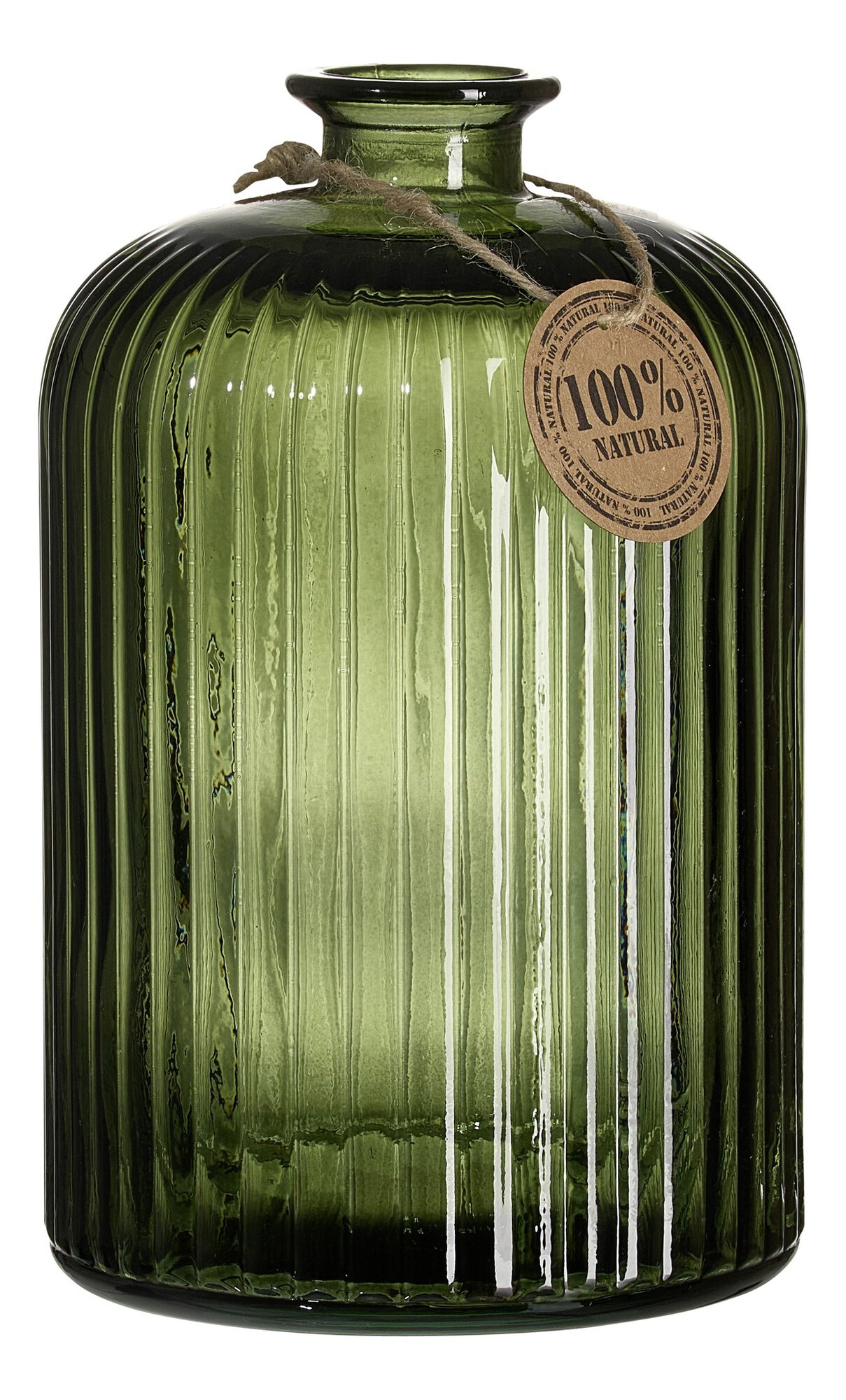 Grüne Glasflasche mit eingravierten Linien und Natur-Label