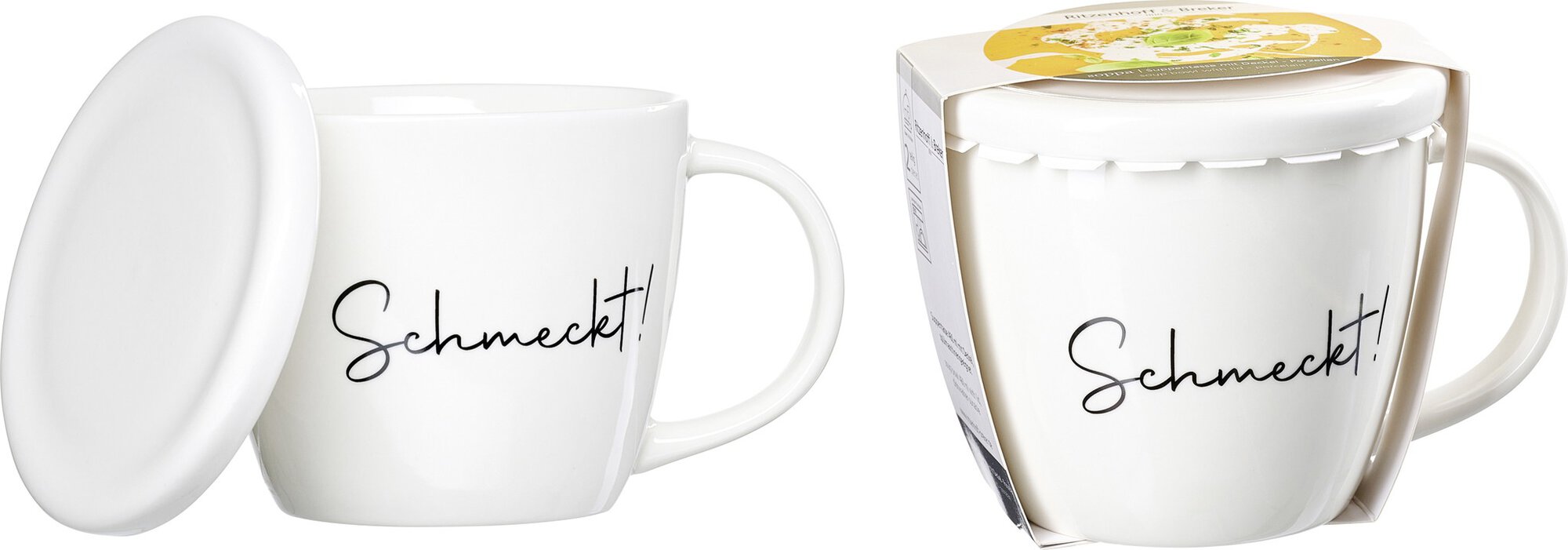 Weiße Tasse mit Deckel und Aufdruck Schmeckt!