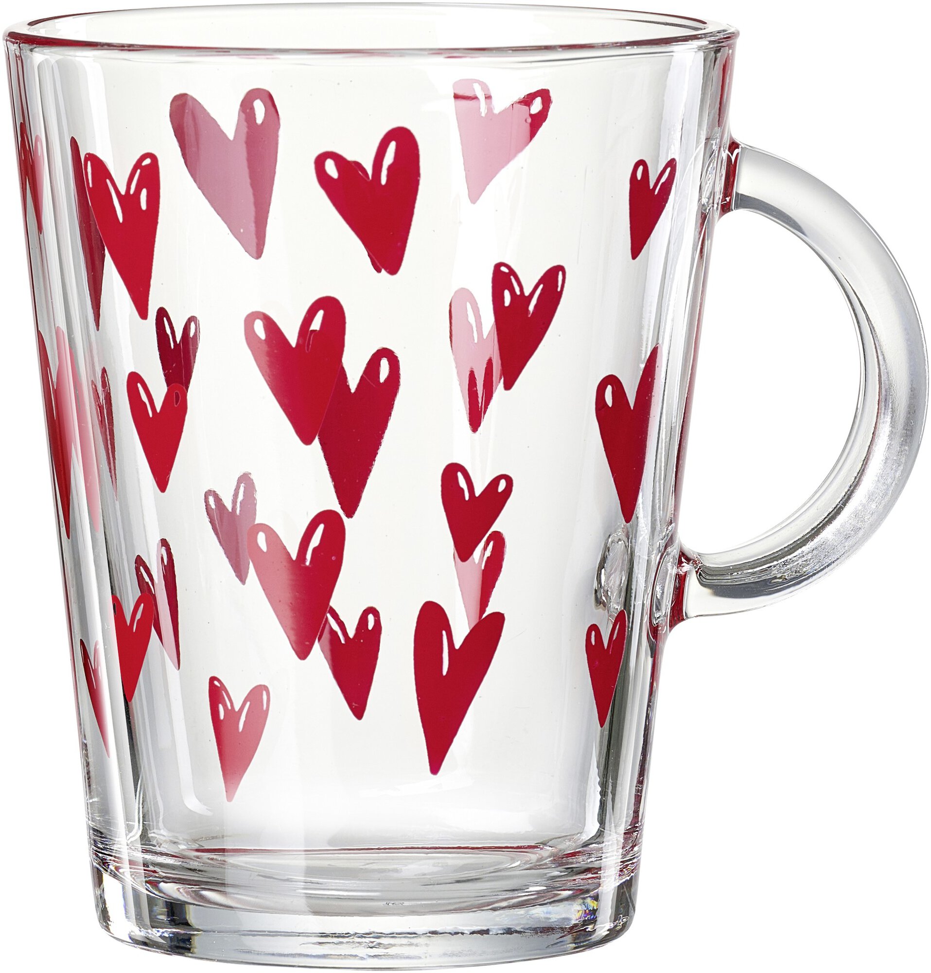 Glasbecher transparent mit roten Herzmotiven