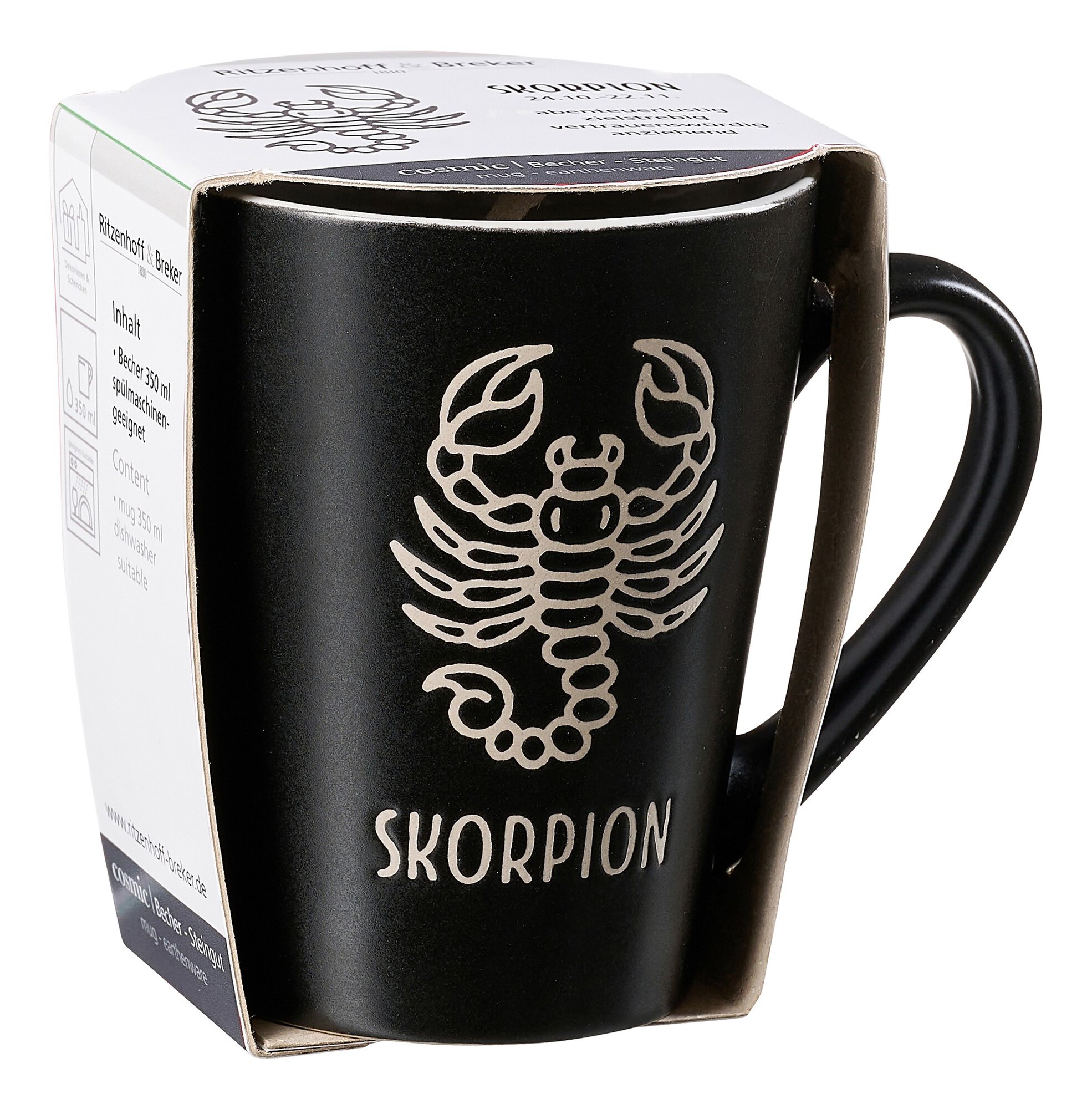 Becher aus Steinzeug mit Skorpion-Zeichen in schwarzer Farbe