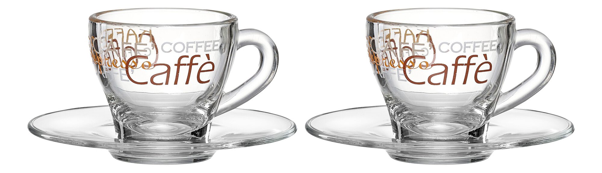 2 Glas Kaffeetassen mit Untertassen und Aufdruck Caffè
