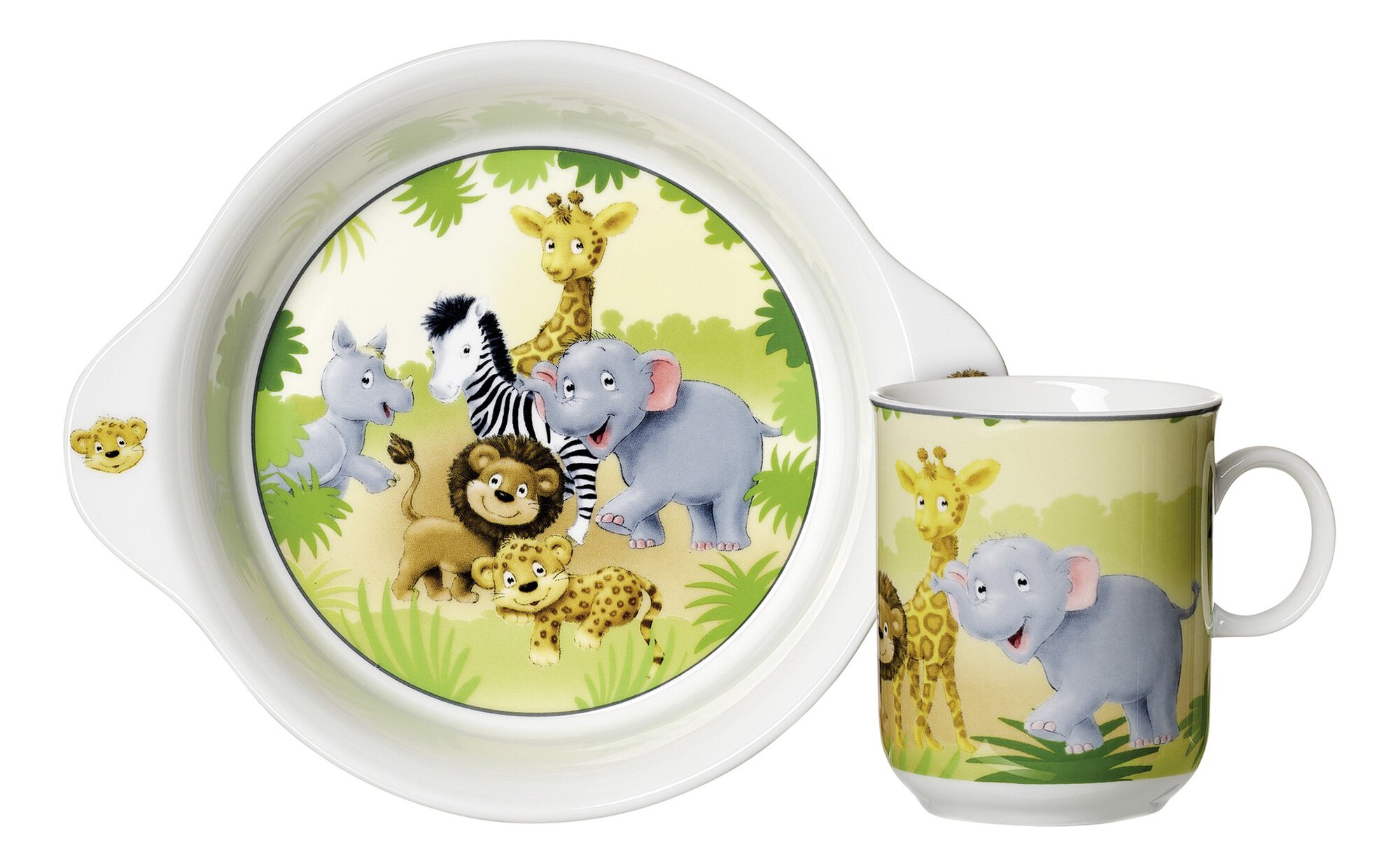 Kindergeschirr Set mit lustigen Zoo-Tieren auf Teller und Be