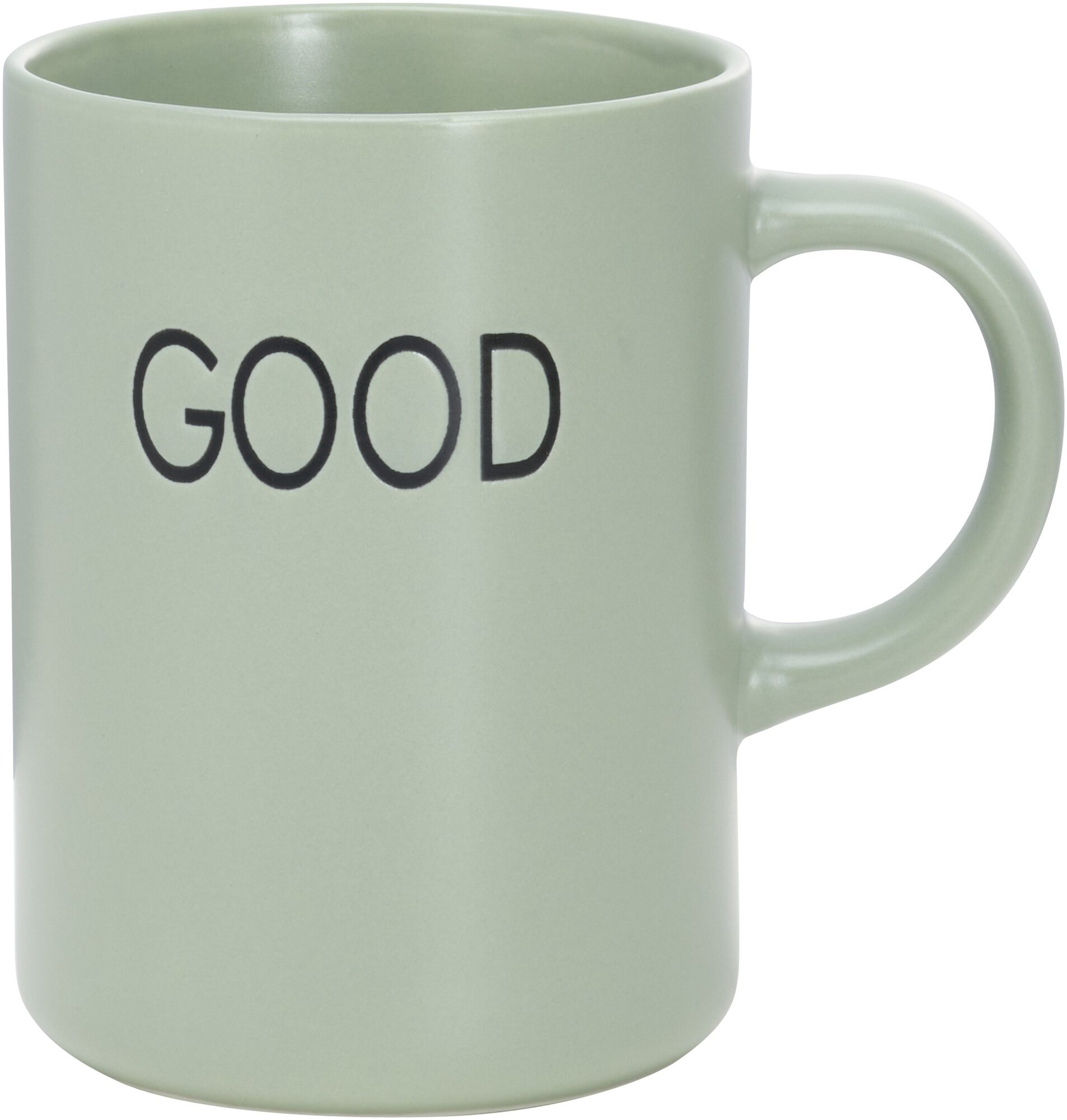 Grüne Keramiktasse mit Aufschrift GOOD