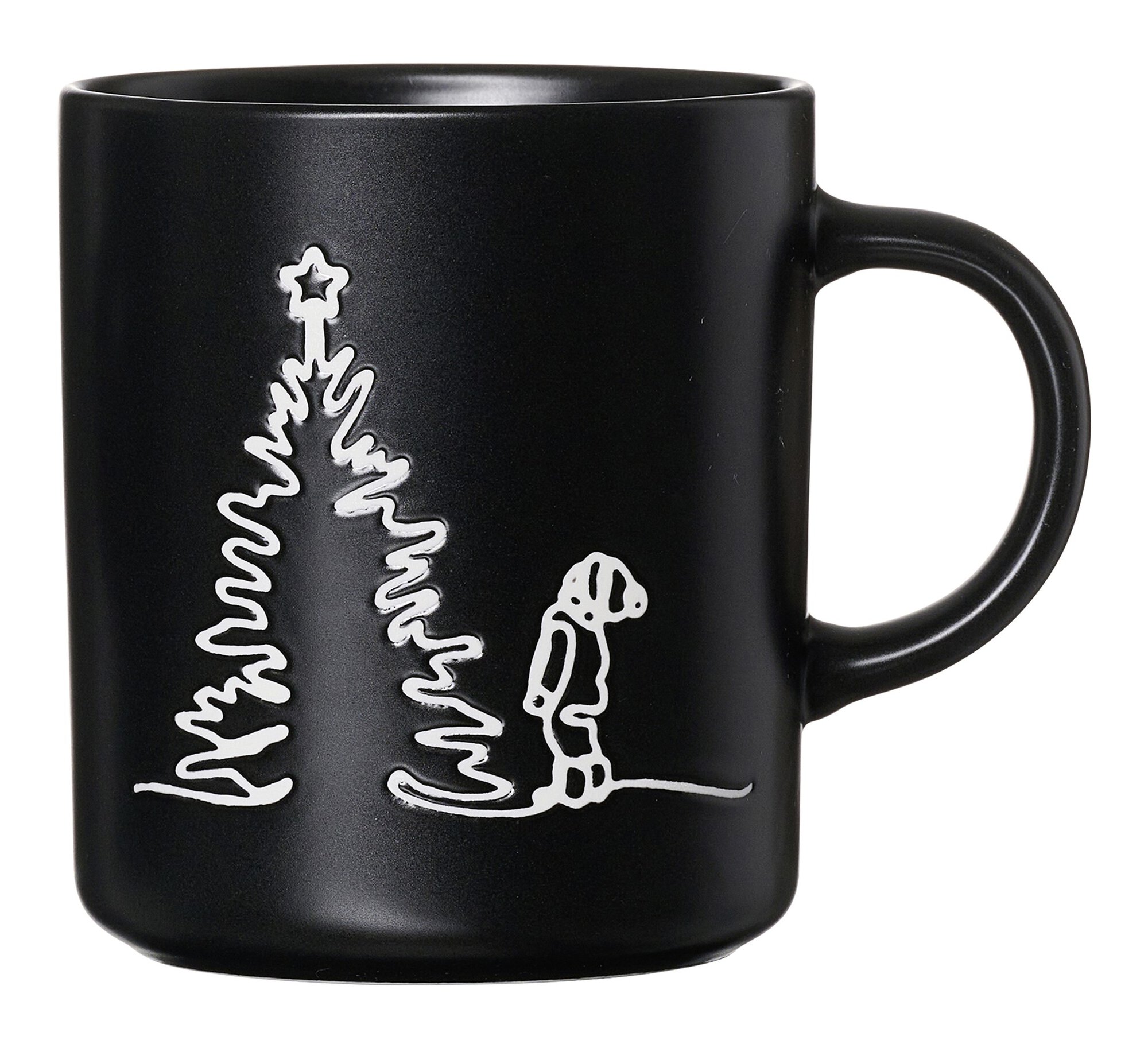 Schwarze Kaffeetasse mit weißem Weihnachtsbaum und Person De