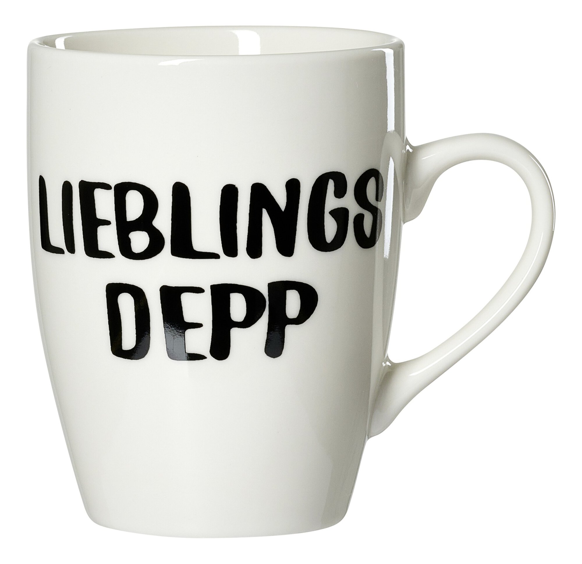 Weiße Keramiktasse mit schwarzer Aufschrift Lieblings Depp