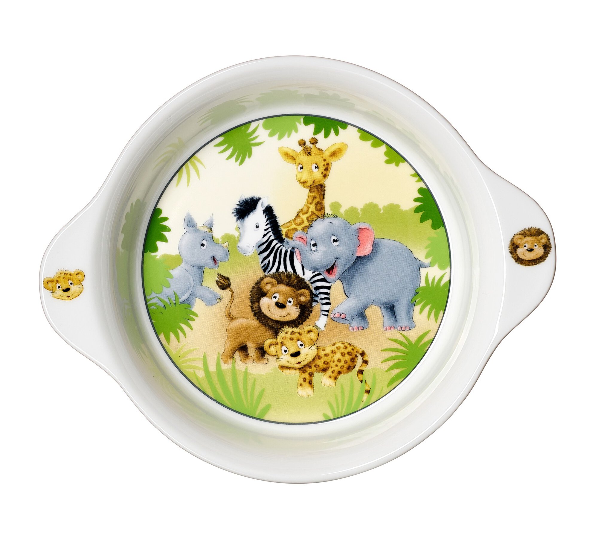 Porzellanteller mit Zeichnung von Löwe, Elefant, Giraffe, Ze