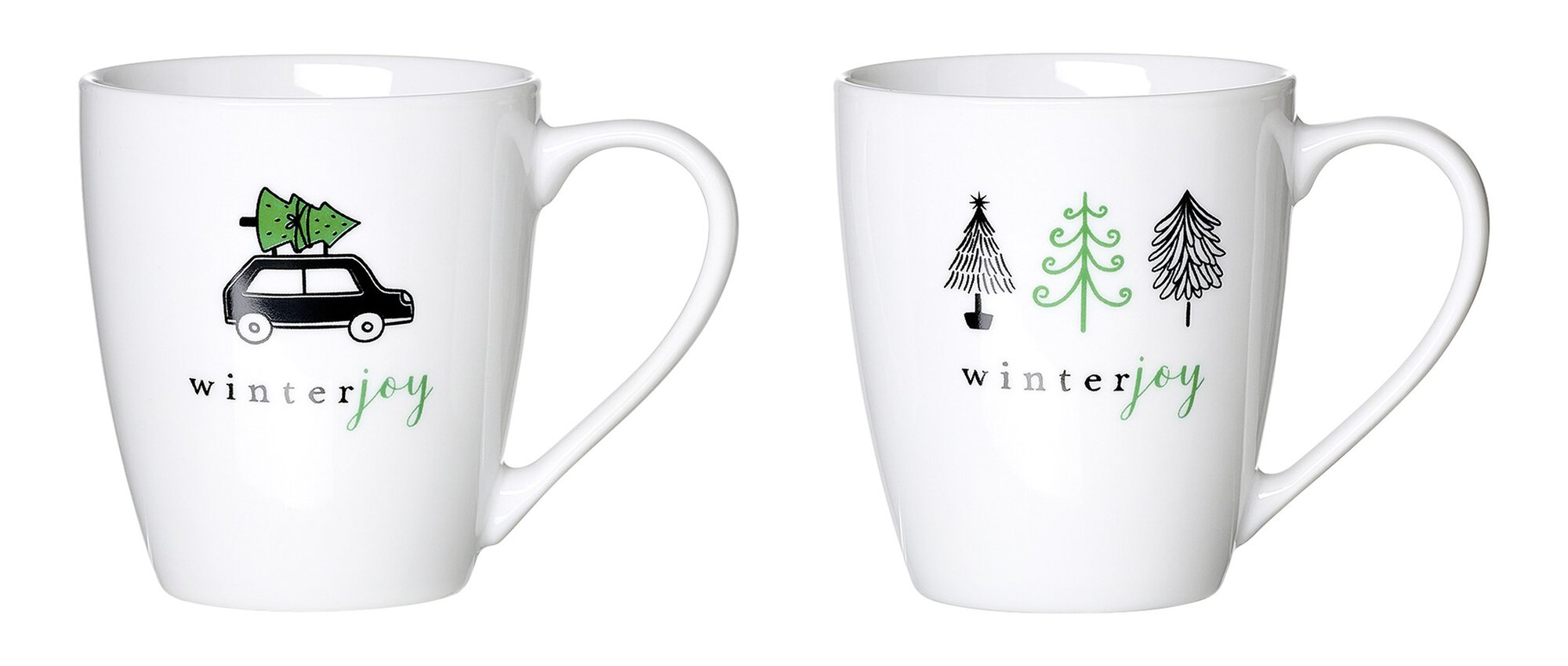 Weiße Tassen mit Winterlettering und Tannenbaum-Design