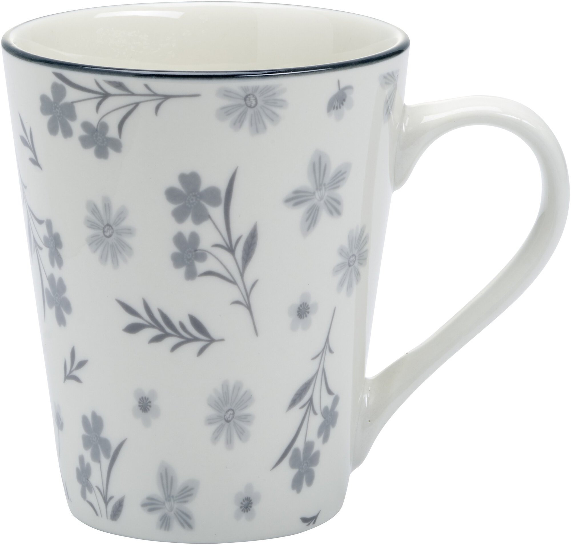 Weiße Keramiktasse mit grauem Blumenmotiv