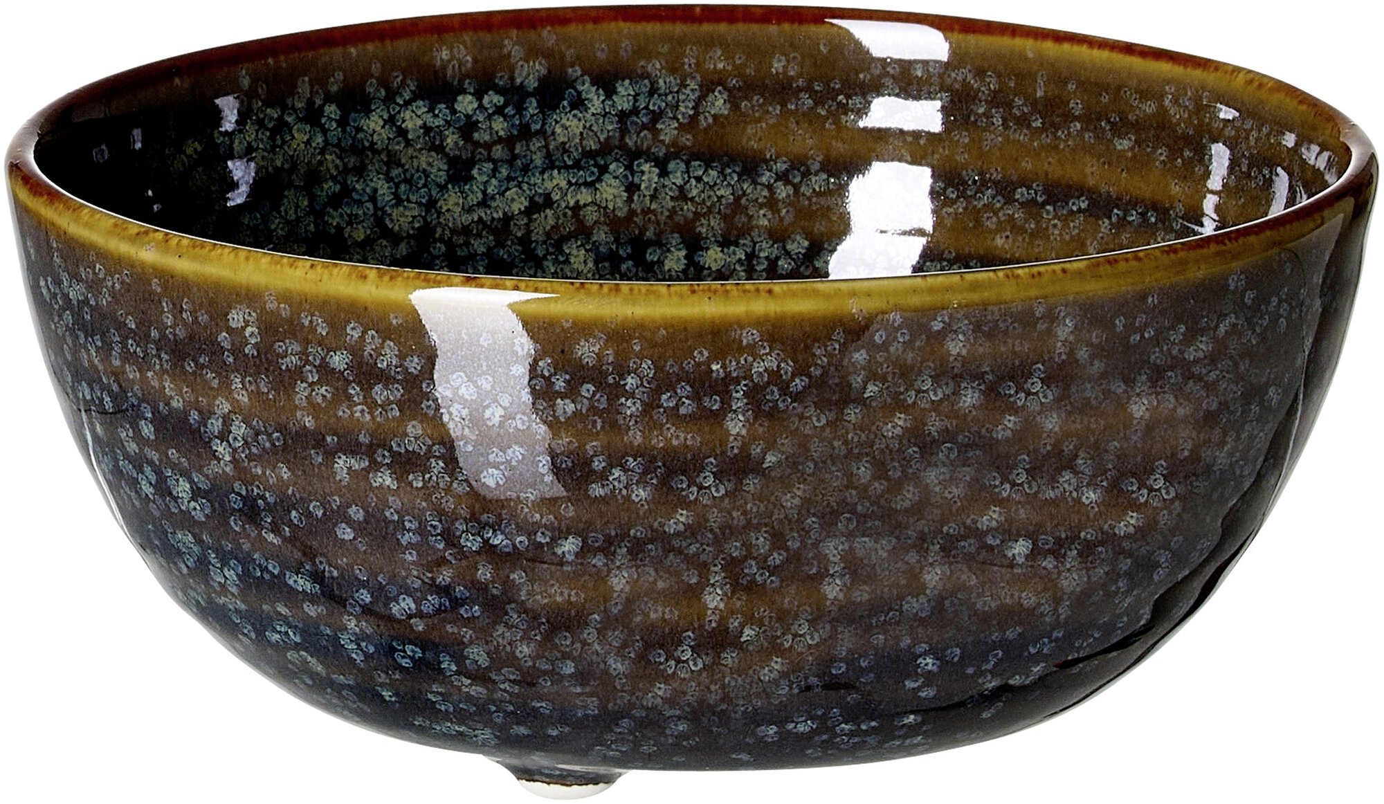 Runde Keramikschale mit braunem und blauem Muster und glänze