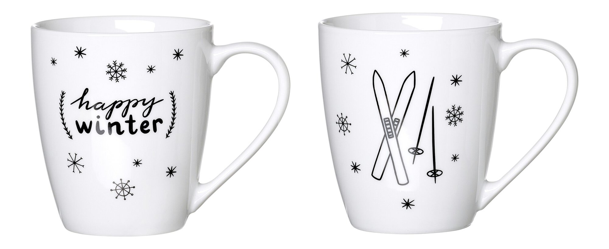Weiße Kaffeetasse mit Schriftzug happy winter und Skiern