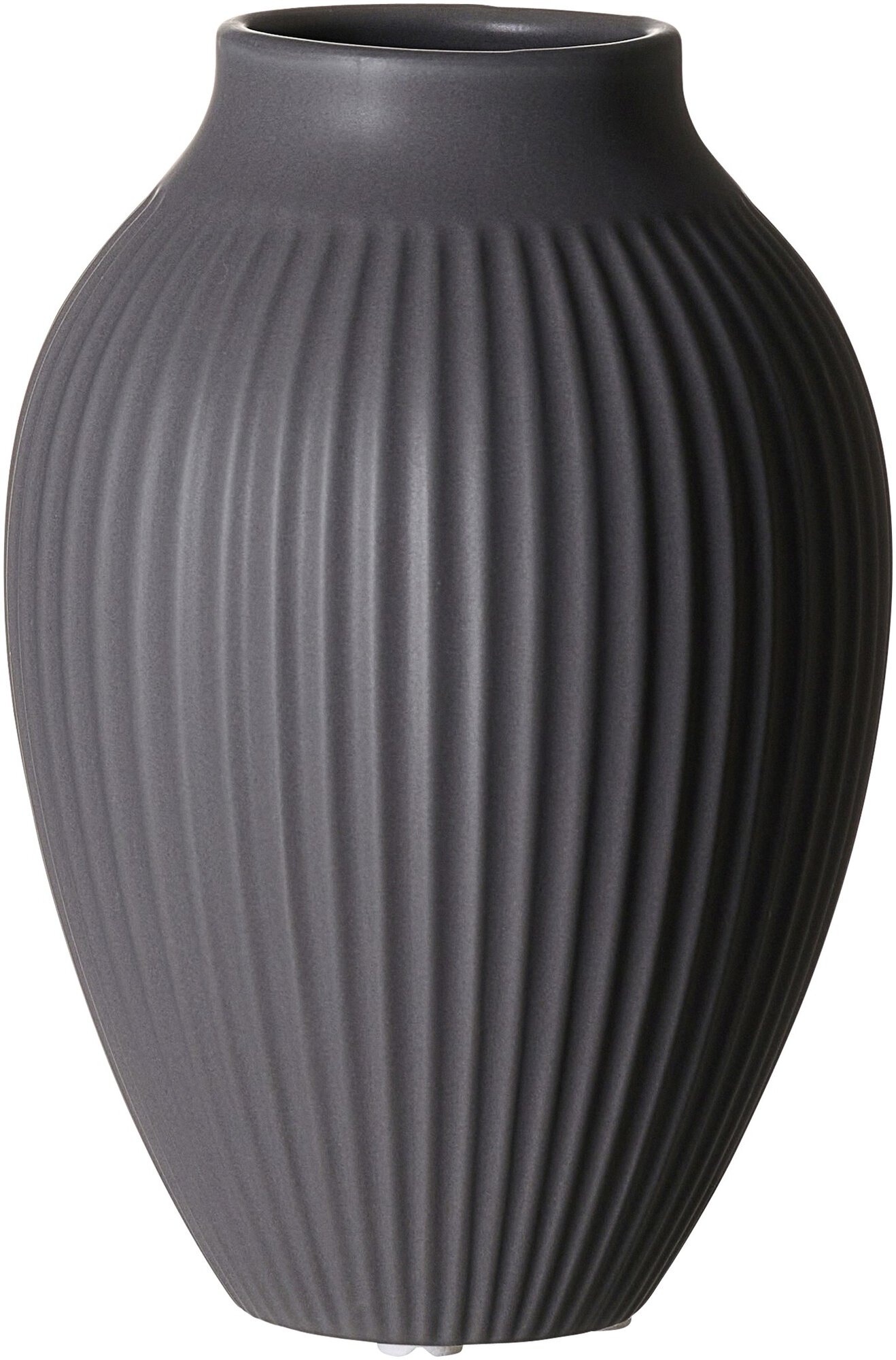 Runde dunkelgraue Vase aus Keramik mit senkrechten Rillen