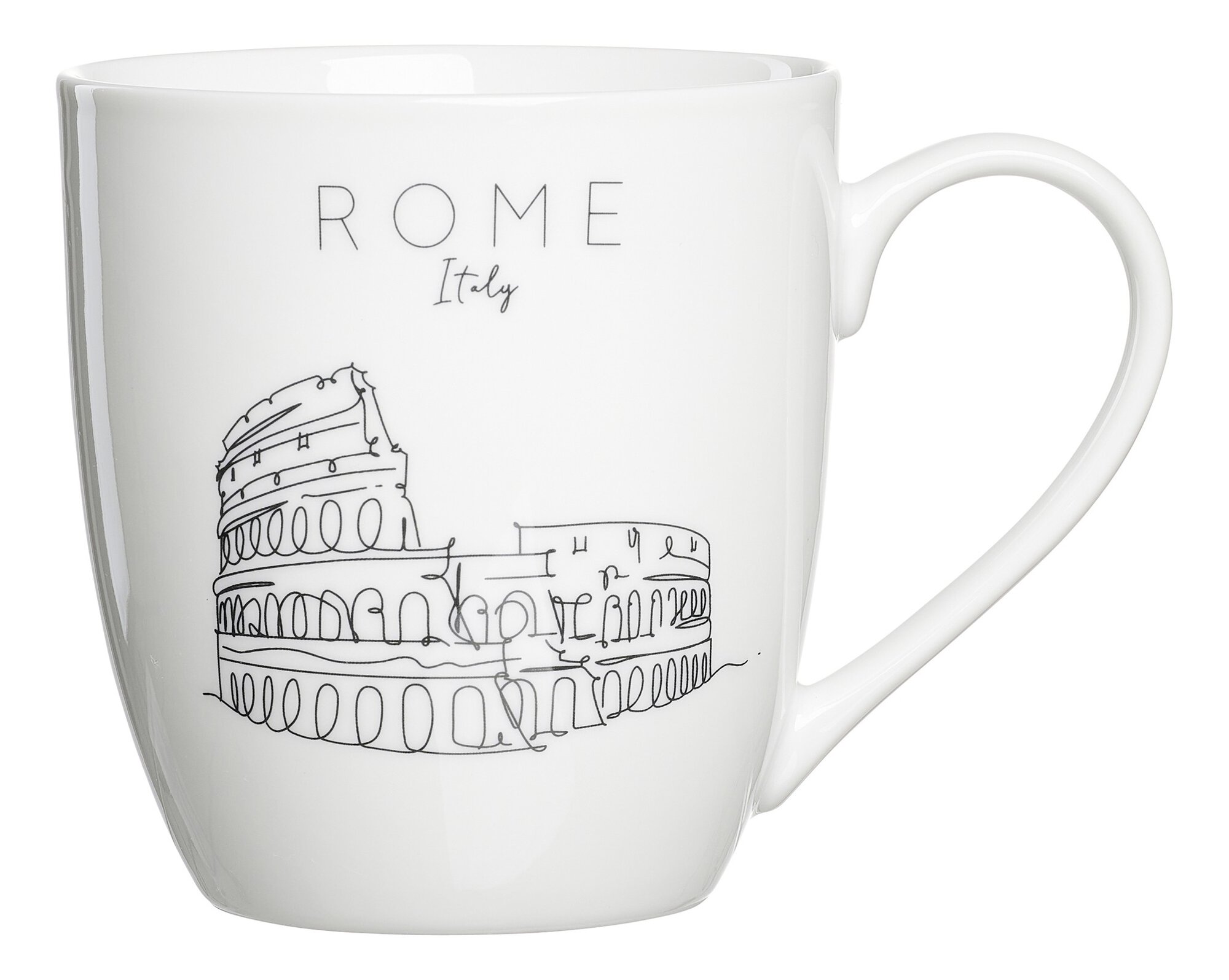 Weiße Kaffeetasse mit Colosseum Zeichnung und Schriftzug Rom