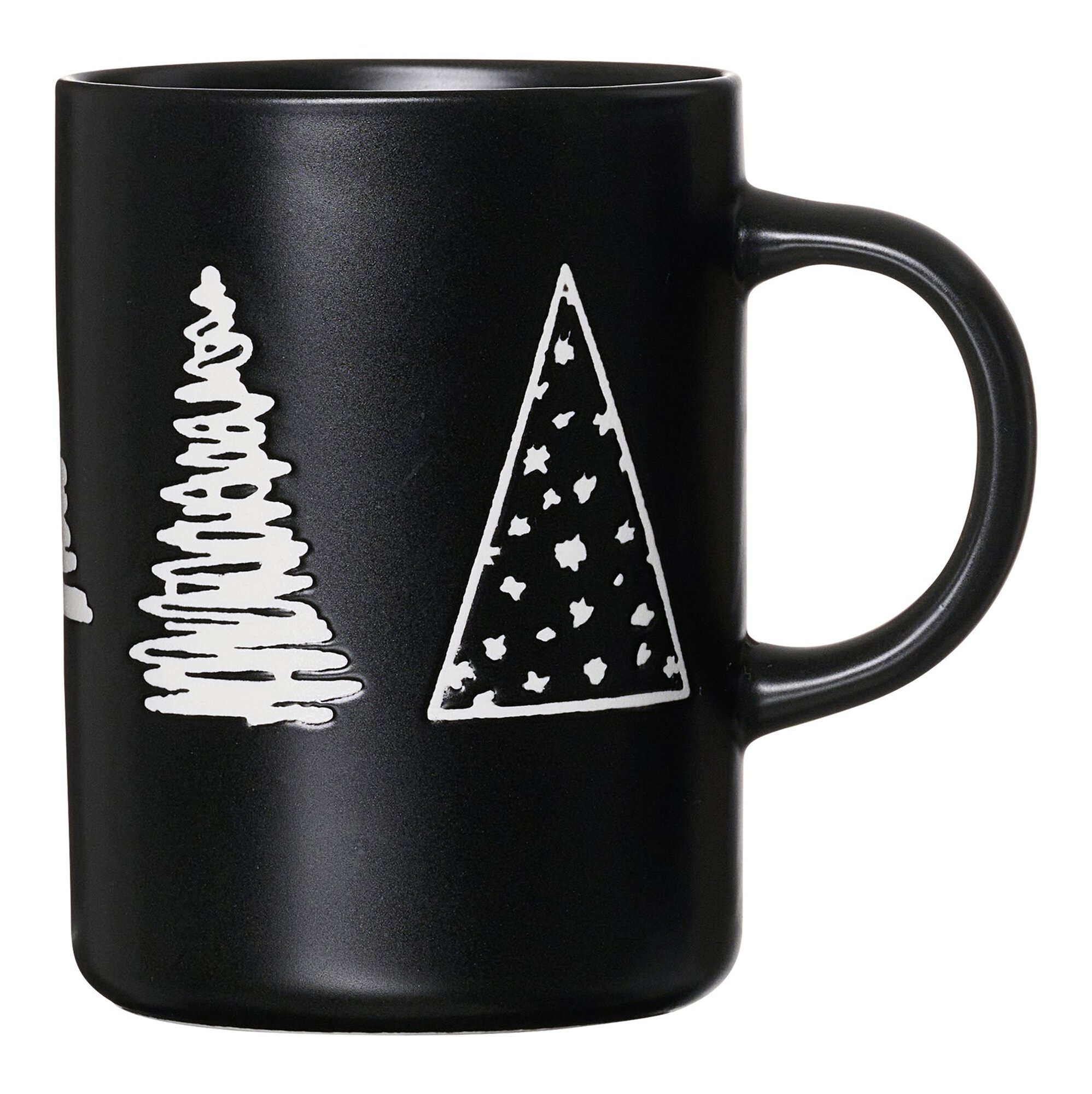 Schwarze Kaffeetasse mit zwei weißen Weihnachtsbäumen