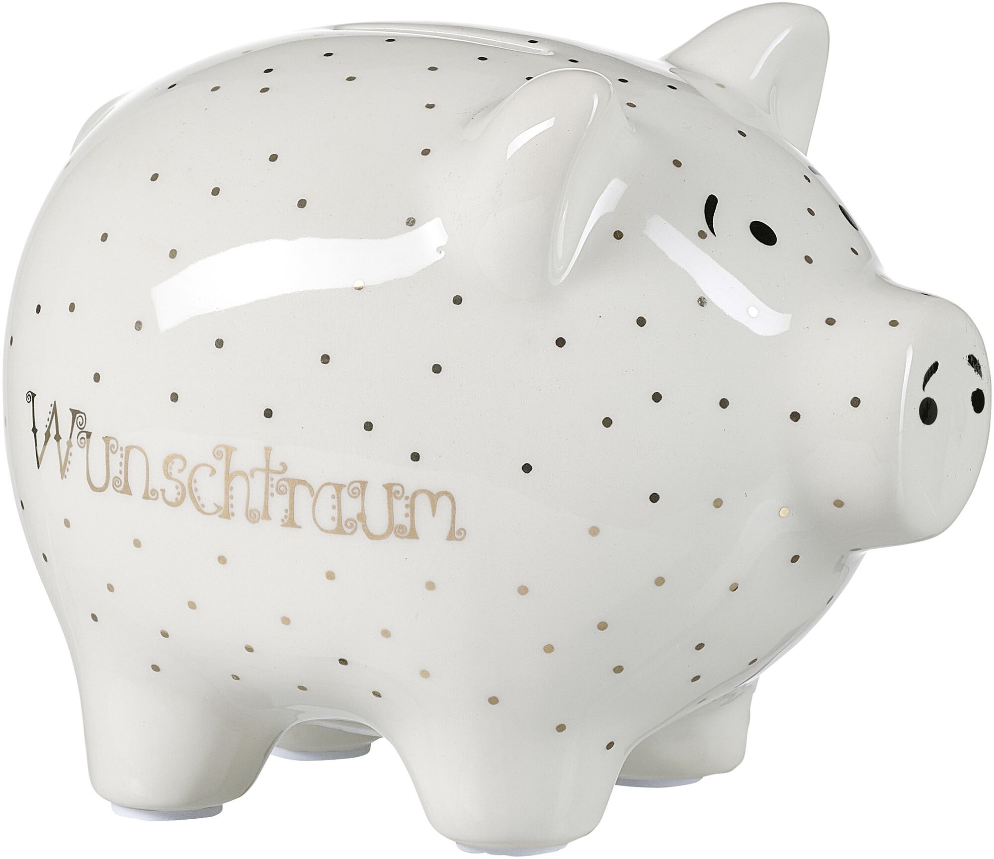 Sparschwein aus Keramik weiß mit goldenen Punkten und Wunsch