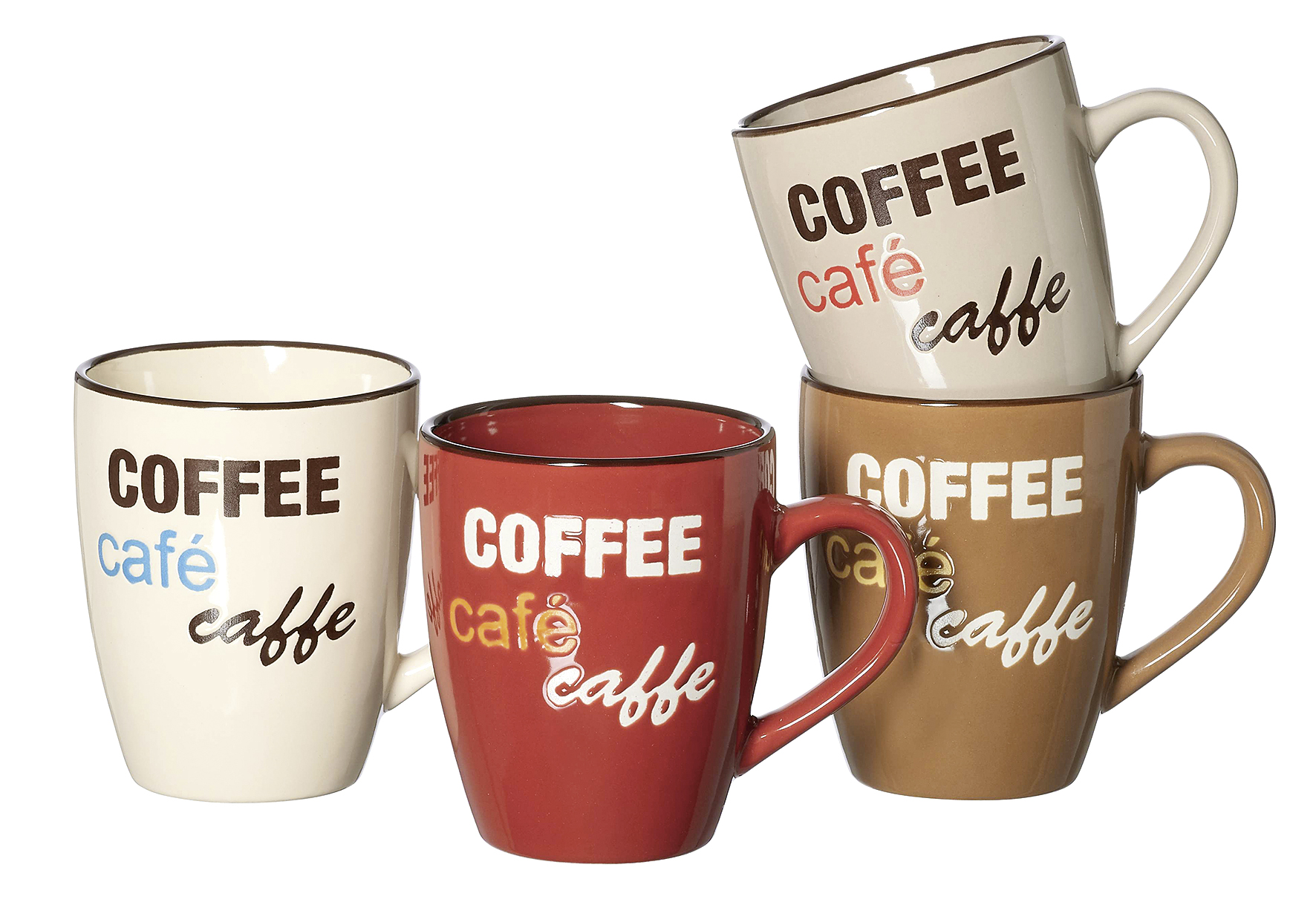 Vier Kaffeetassen in verschiedenen Farben mit Kaffee-Schrift