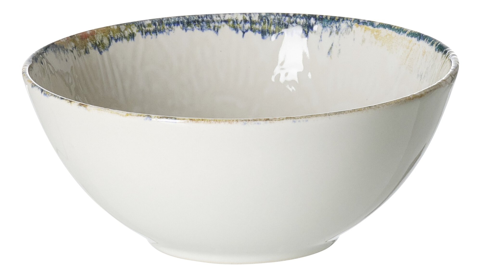 Weiße Keramikschale mit blau-braunem Rand