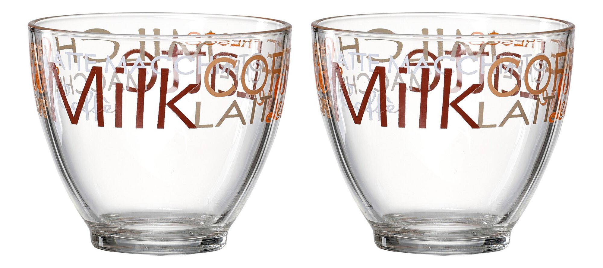 Doppelpack Kaffeegläser mit buntem Schriftzug Motiv