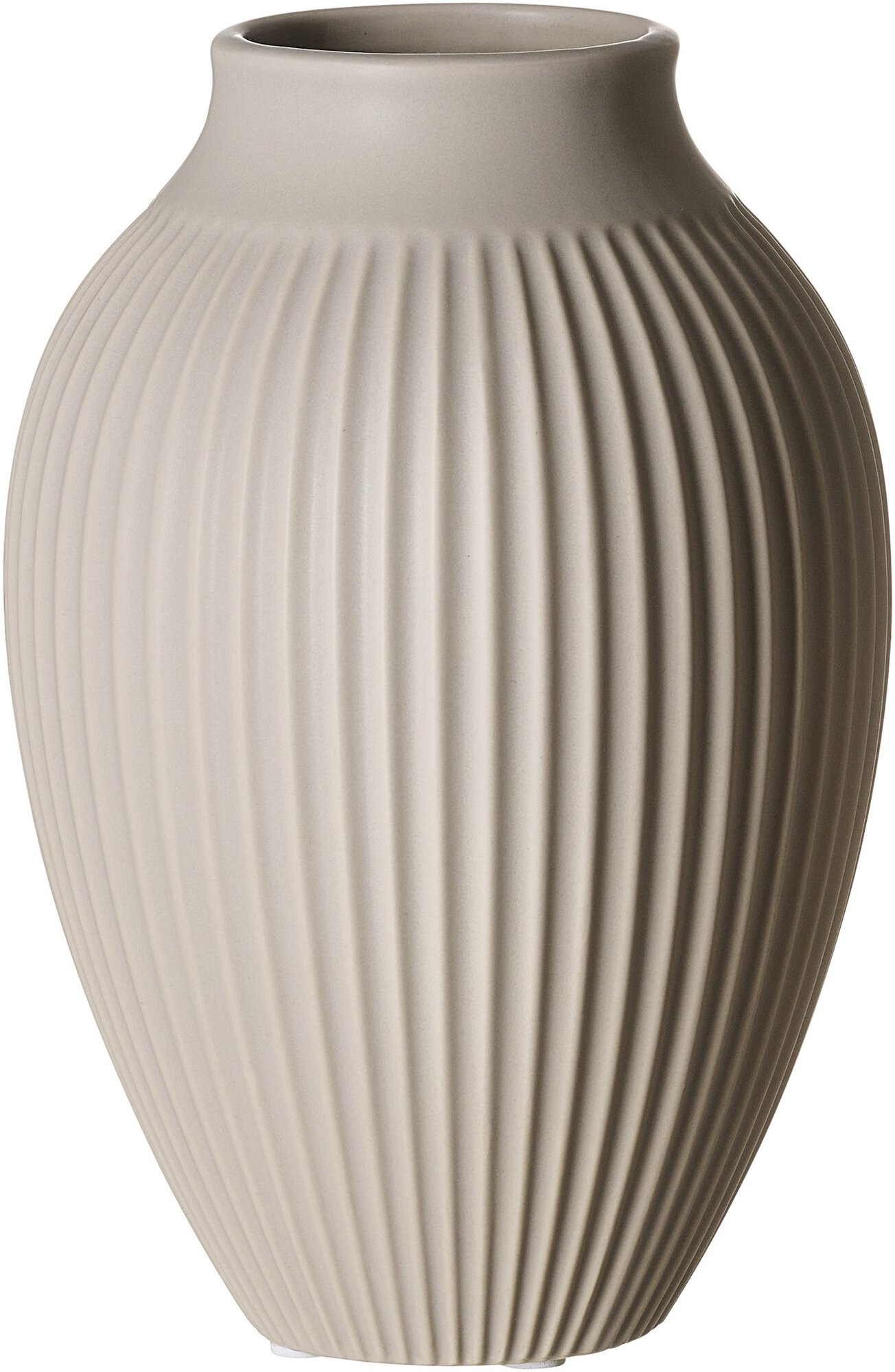 Graue Vase mit vertikalen Rillen und ovaler Form