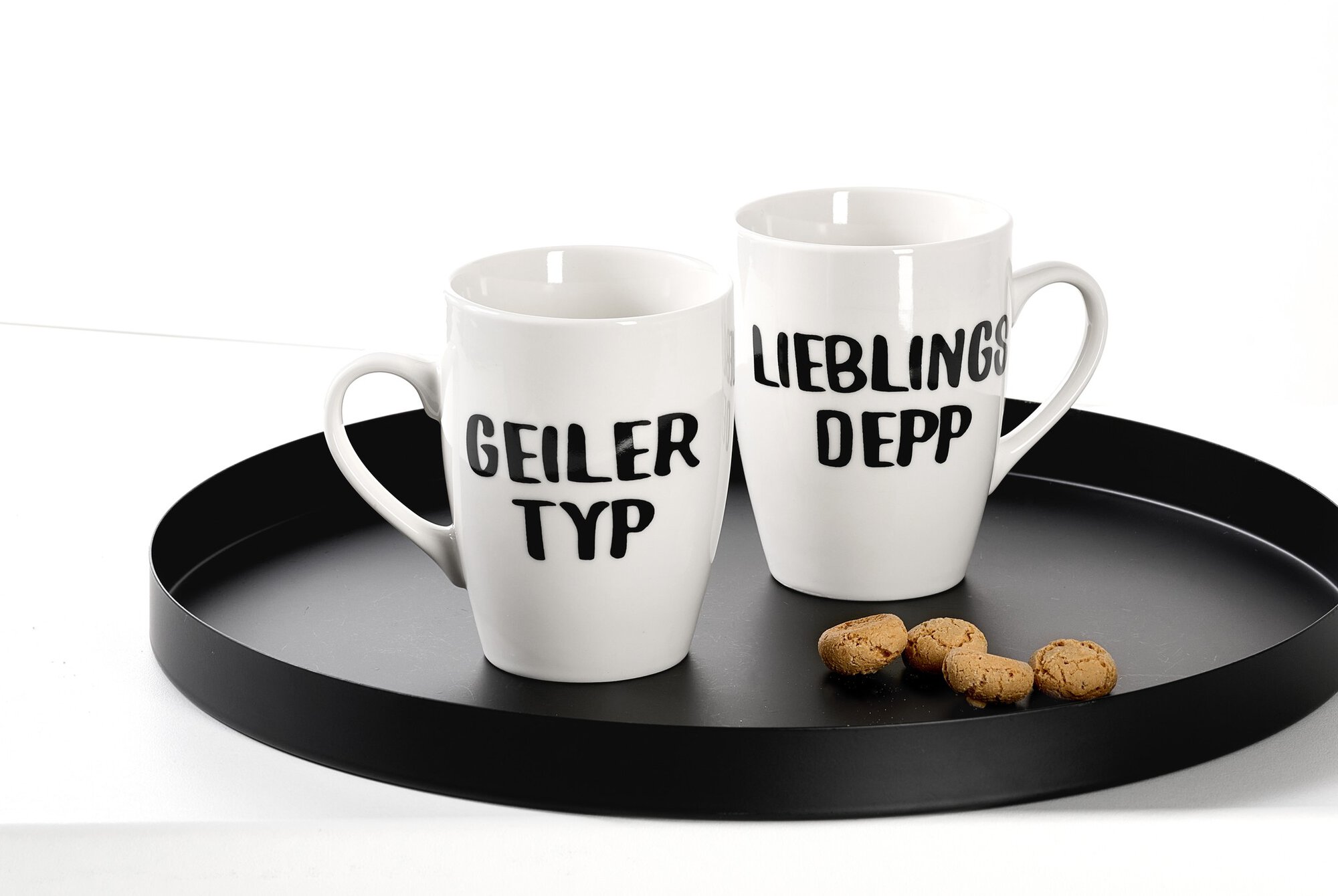 Weiße Tassen mit Texten Geiler Typ und Lieblings Depp auf sc