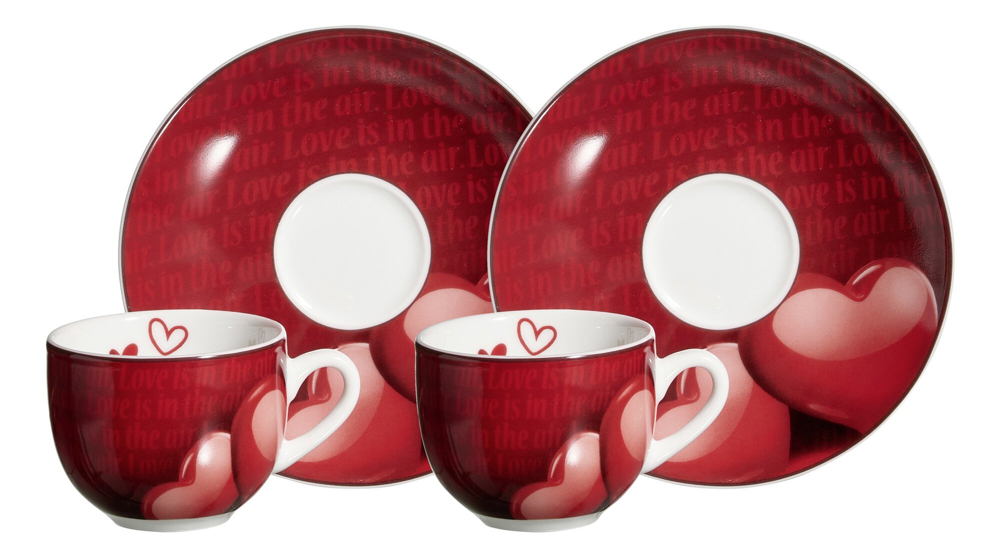 Rote Tassen und Untertassen mit Herz-Design