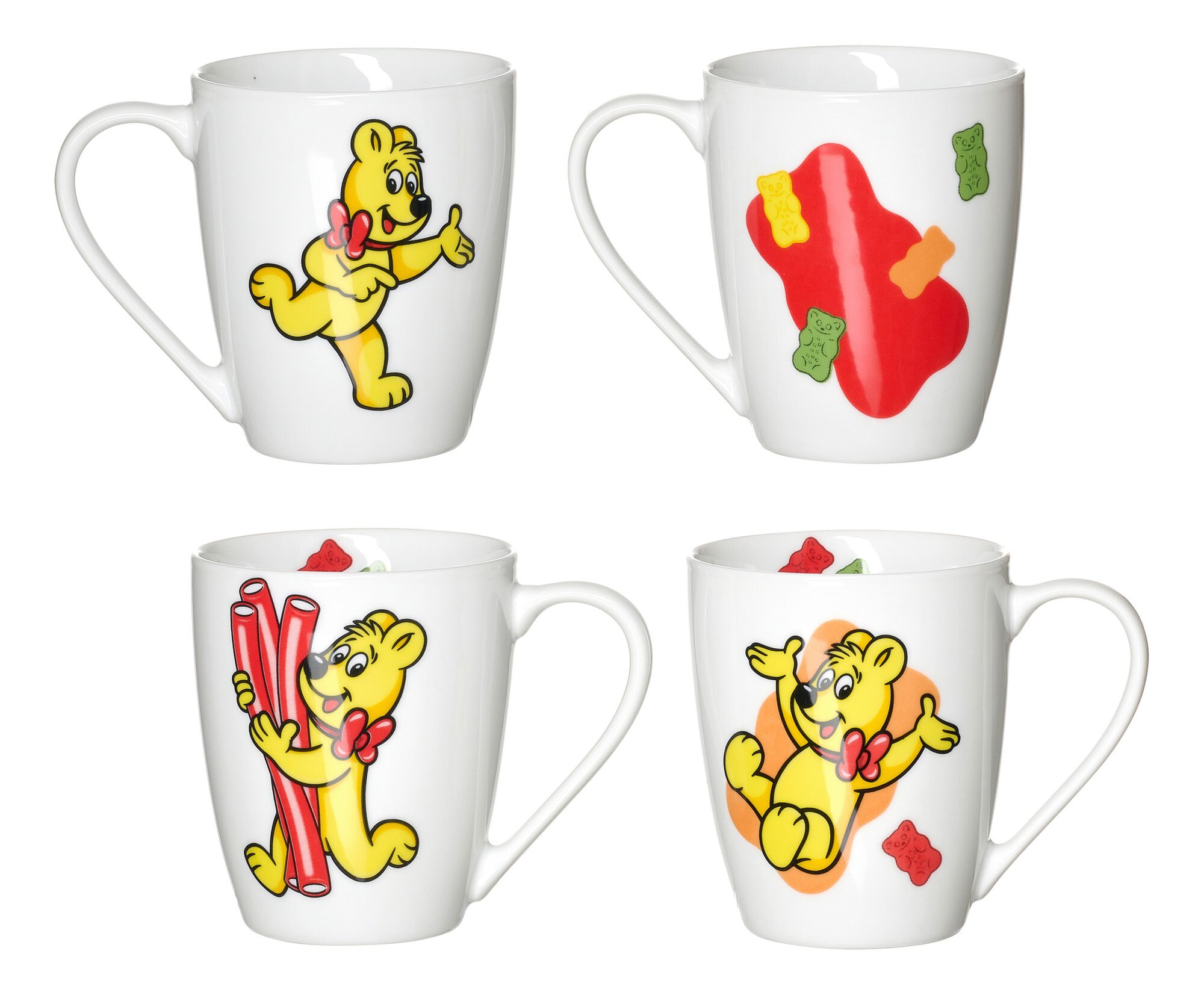 Weiße Tasse mit gelbem Bären und bunten Gummibärchen Motiven