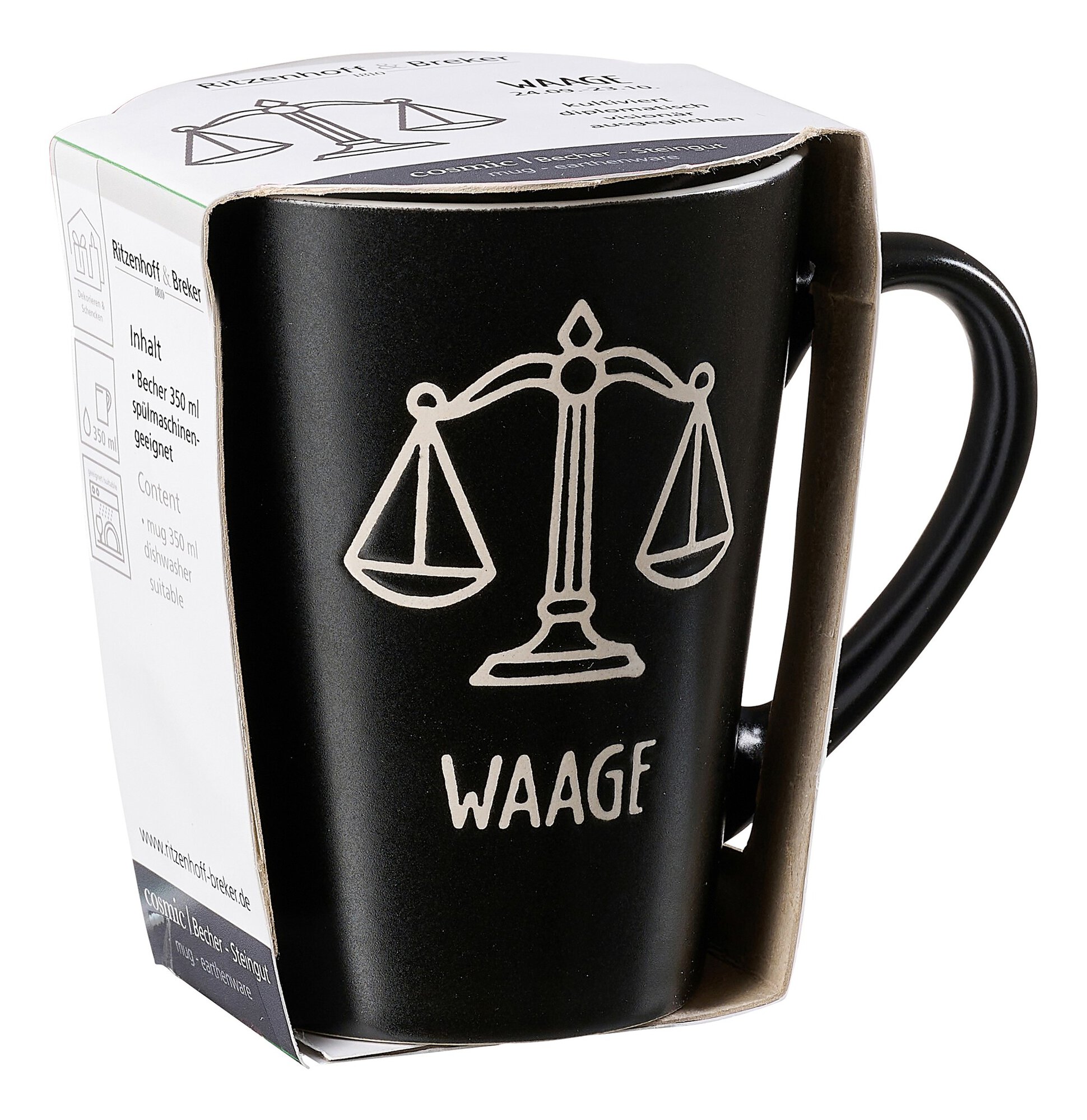 Kaffeebecher aus Steinzeug mit Waage Symbol und Text Waage