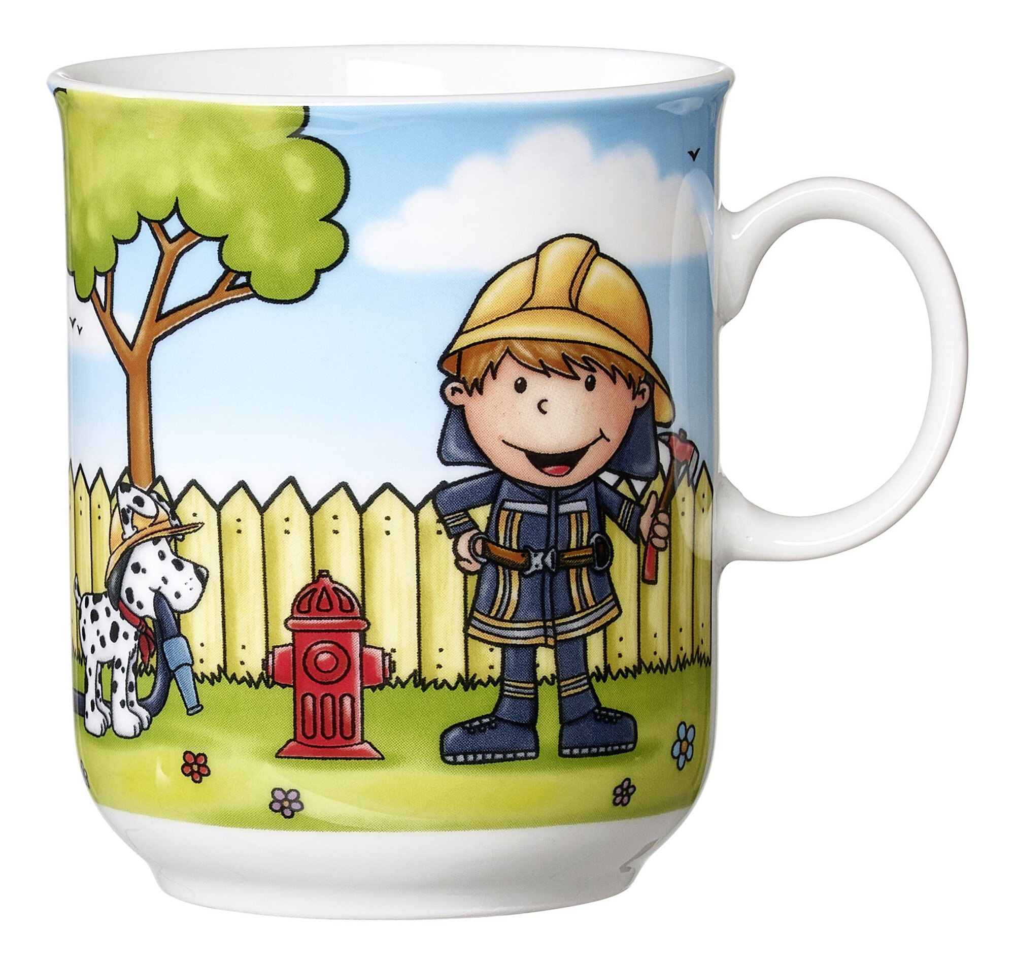Bunter Kinderbecher mit Feuerwehrmann und Dalmatiner als Mot
