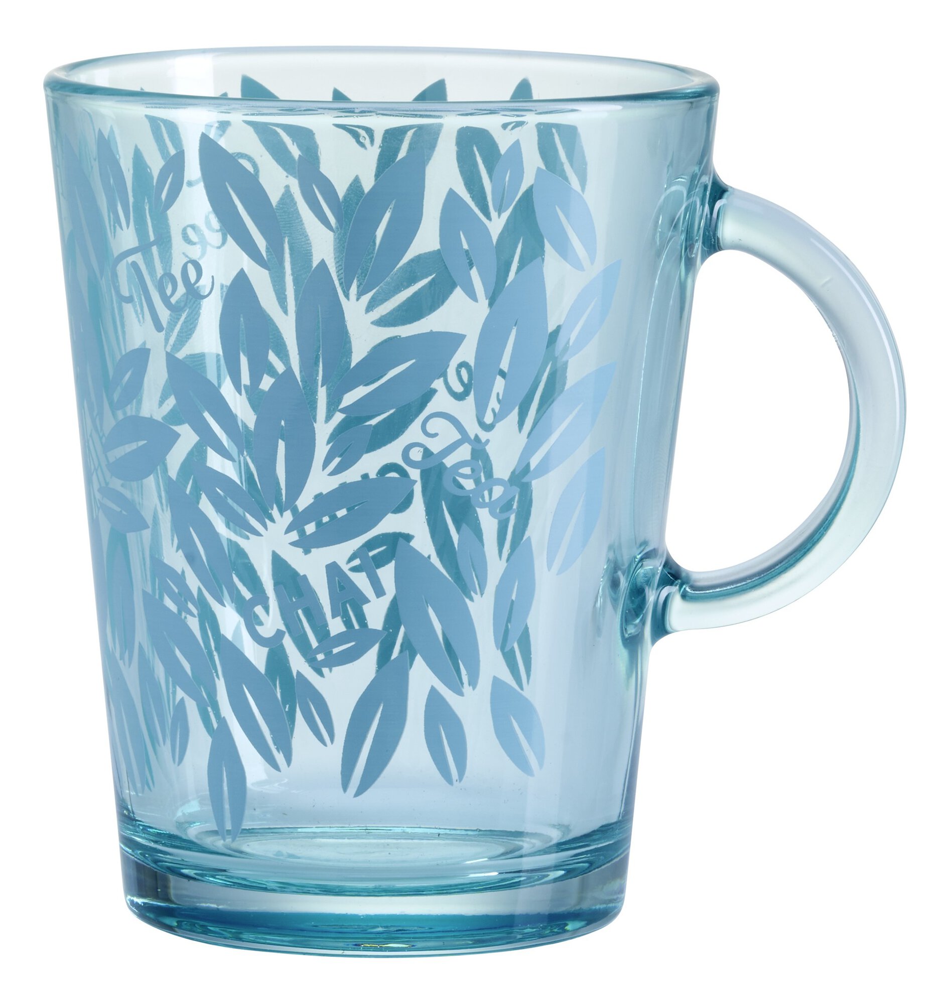 Blaues Glas mit Henkel und blauen Blättern verziert