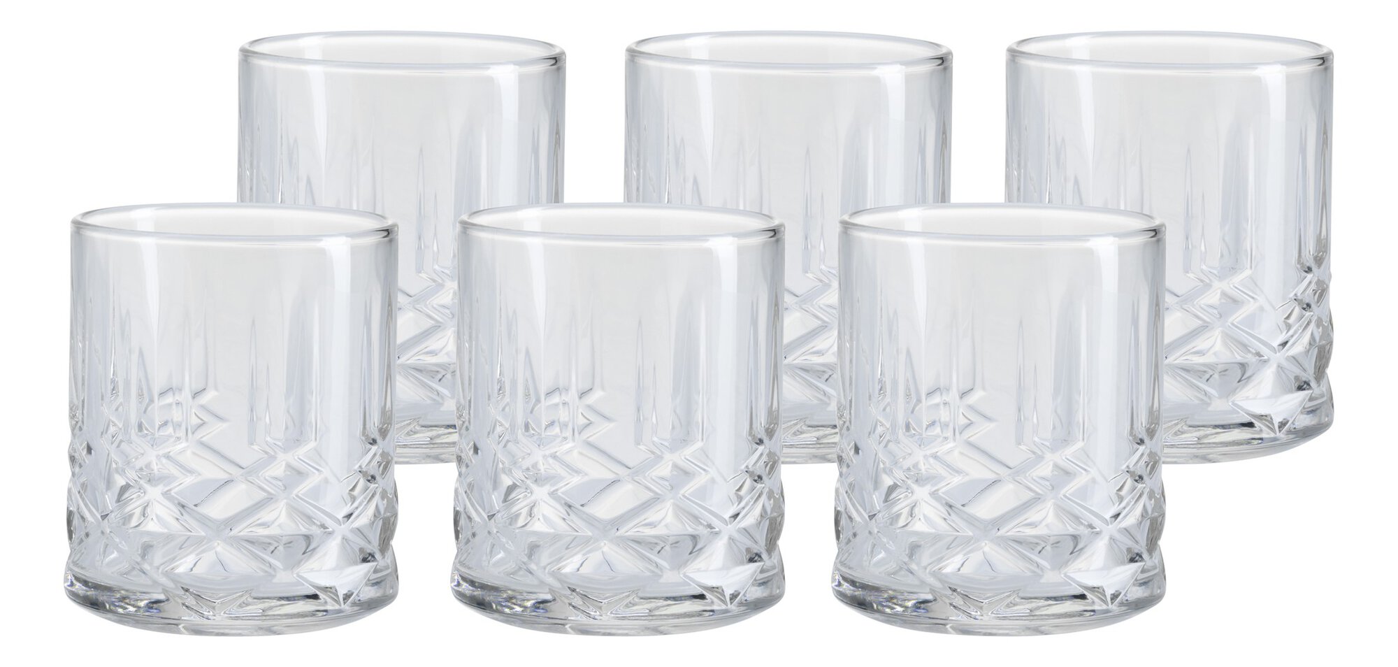 Set aus sechs klaren Kristallgläsern mit Muster