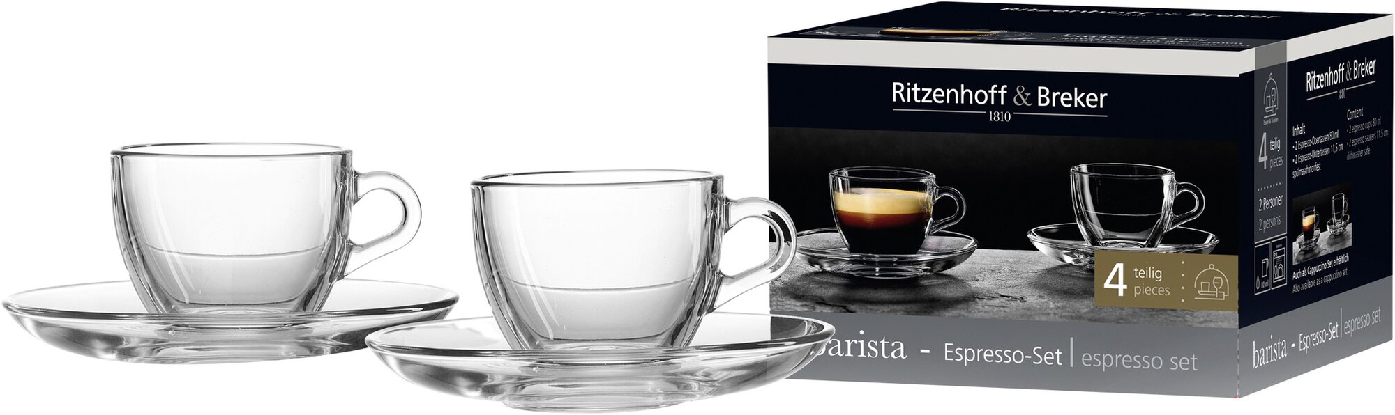 Zwei klare Espresso-Gläser mit passenden Untertassen vor Ver