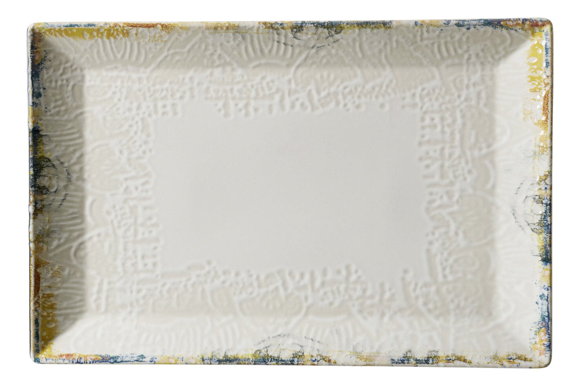 Weißer rechteckiger Keramikteller mit gold-blauem Rand und M