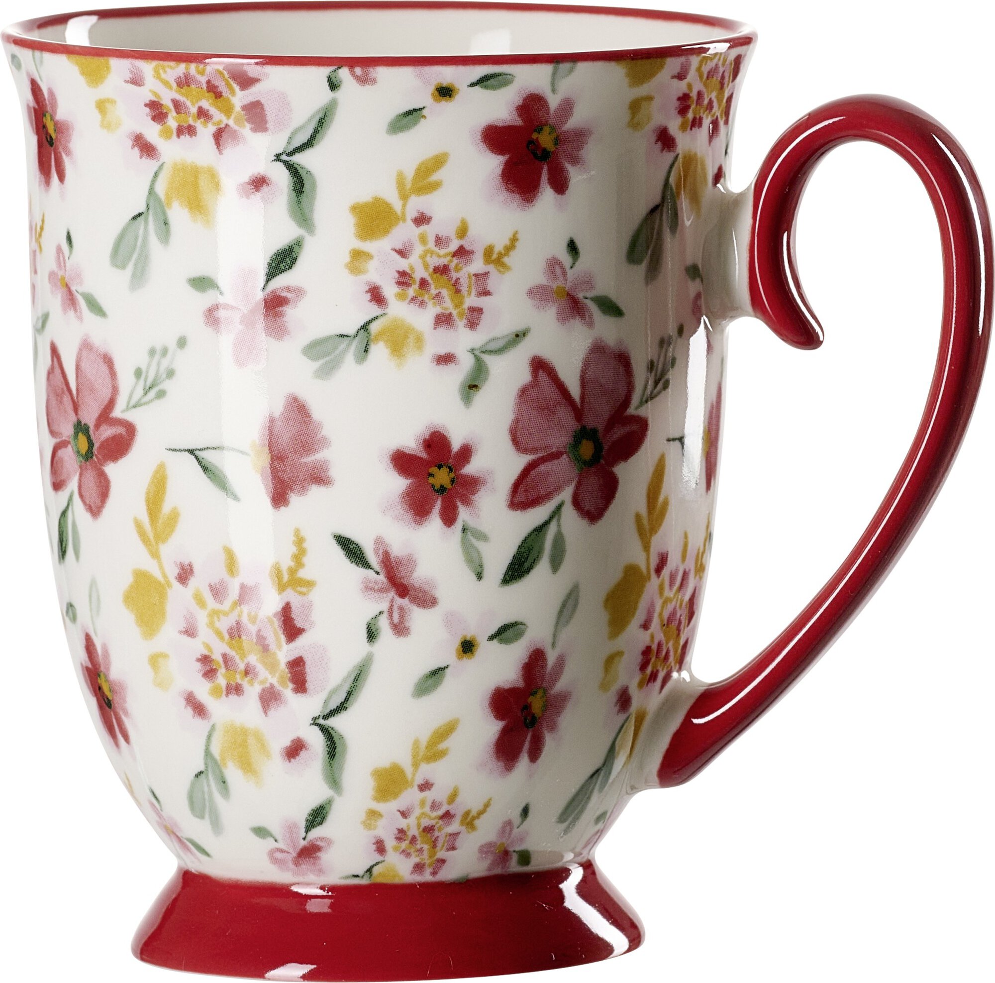 Kaffeetasse mit floralem Muster in Rot und Gelb