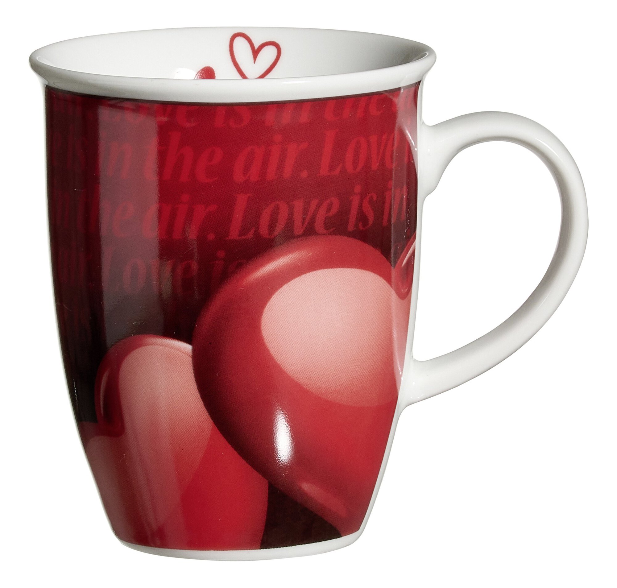 Weiße Kaffeetasse mit roten Herzen und Liebesaufdruck